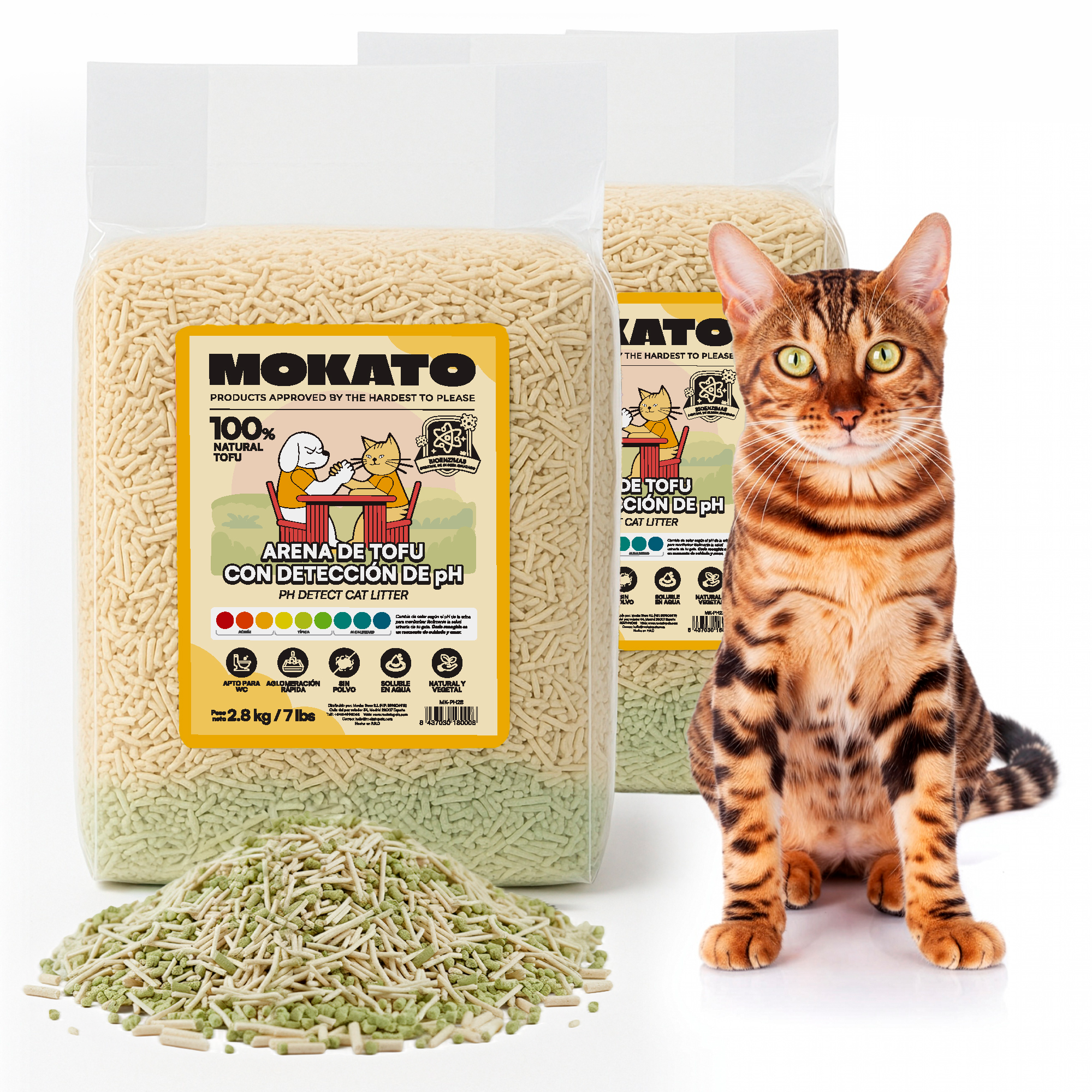 Arena para gatos tofu aglomerante con detector de pH Mokato | Control de olor | Sin polvo | 2.8 kg