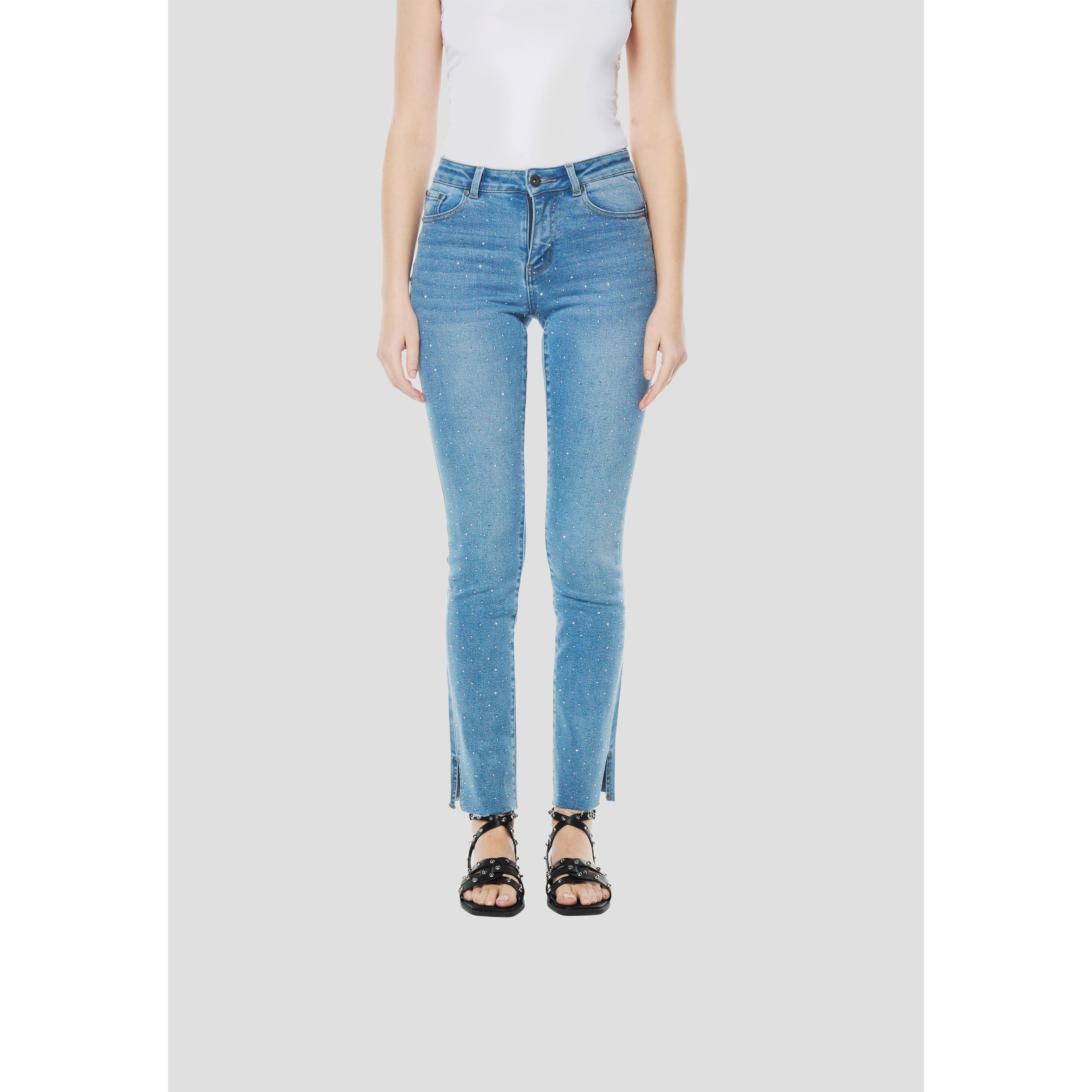 Koroshi - Pantalón vaquero Koroshi Pantalón Vaquero Regular Doble Push-Up para mujer, con strass frontales y efecto moldeador máximo, azul medio