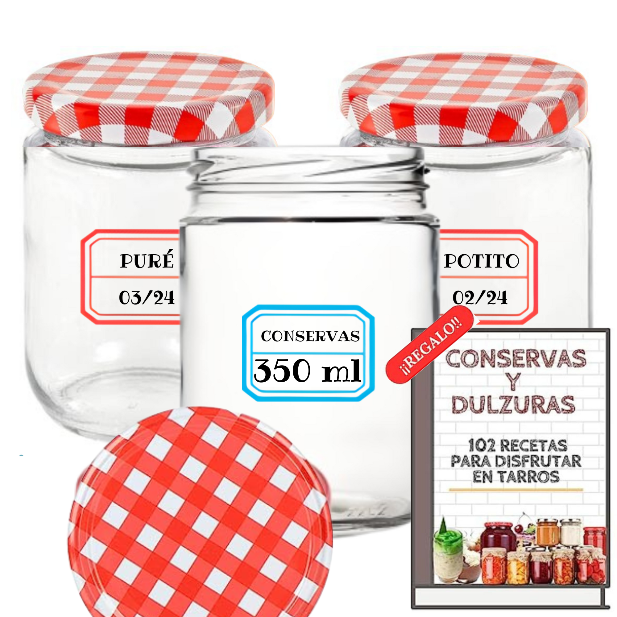 MundoTarros - 12 Tarros de Cristal de 350 ml con Tapas de Metal + EBook de 102 Recetas para Conservas - Frascos con Tapa de Rosca Metálica para Alimentos Caseros - Bote Estanco - Incluye Etiquetas - Tarros Medianos