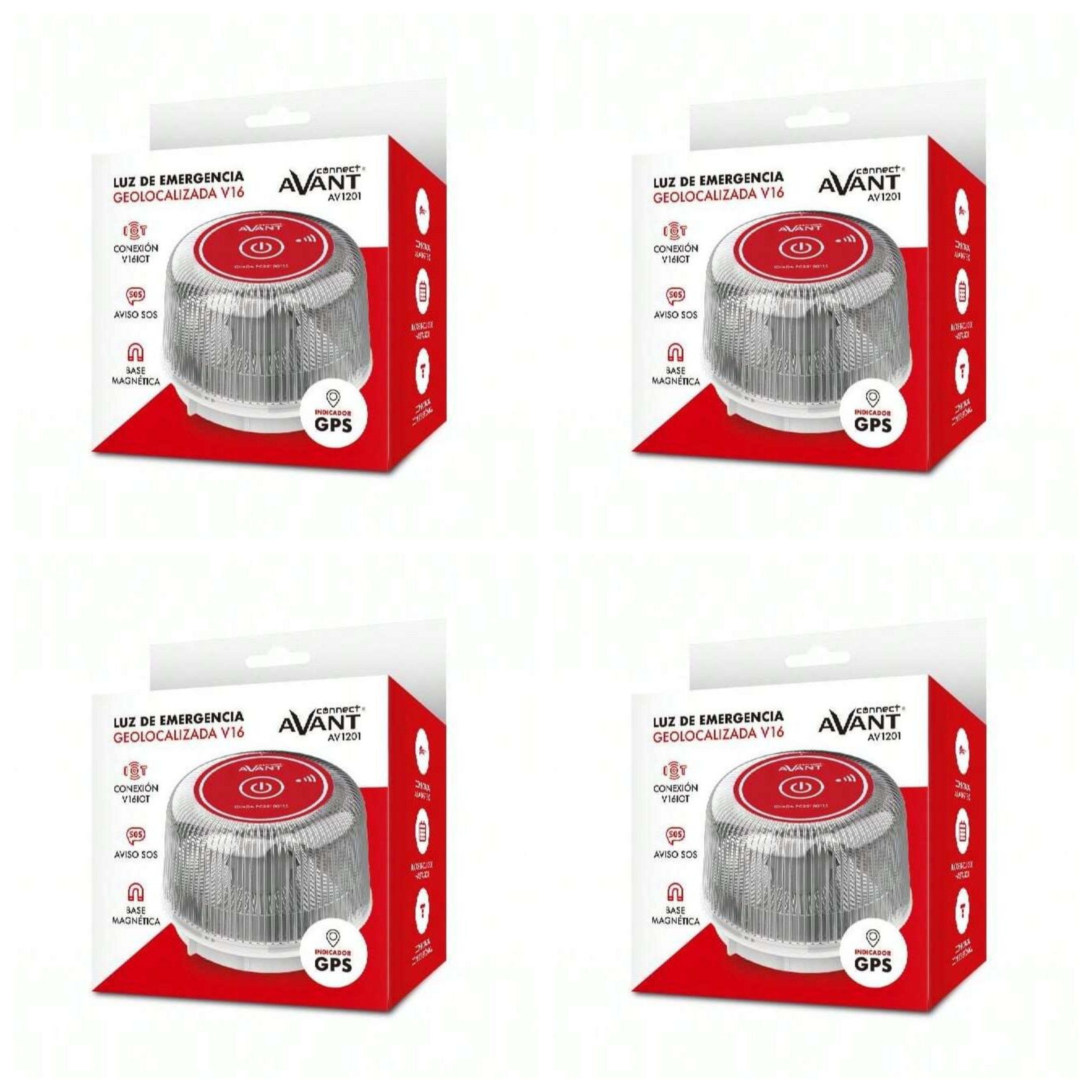 LUZ DE EMERGENCIA V16 Pack 4u CONNECT DGT 3.0 -HOMOLOGADA Y CONECTADA geolocalizada  lista para sustituir al triángulo desde 2026. señalización inmediata visible 360º a 1 km, IP54, base magnética, pilas incluidas, e incorpora tarjeta SIM con datos pagados