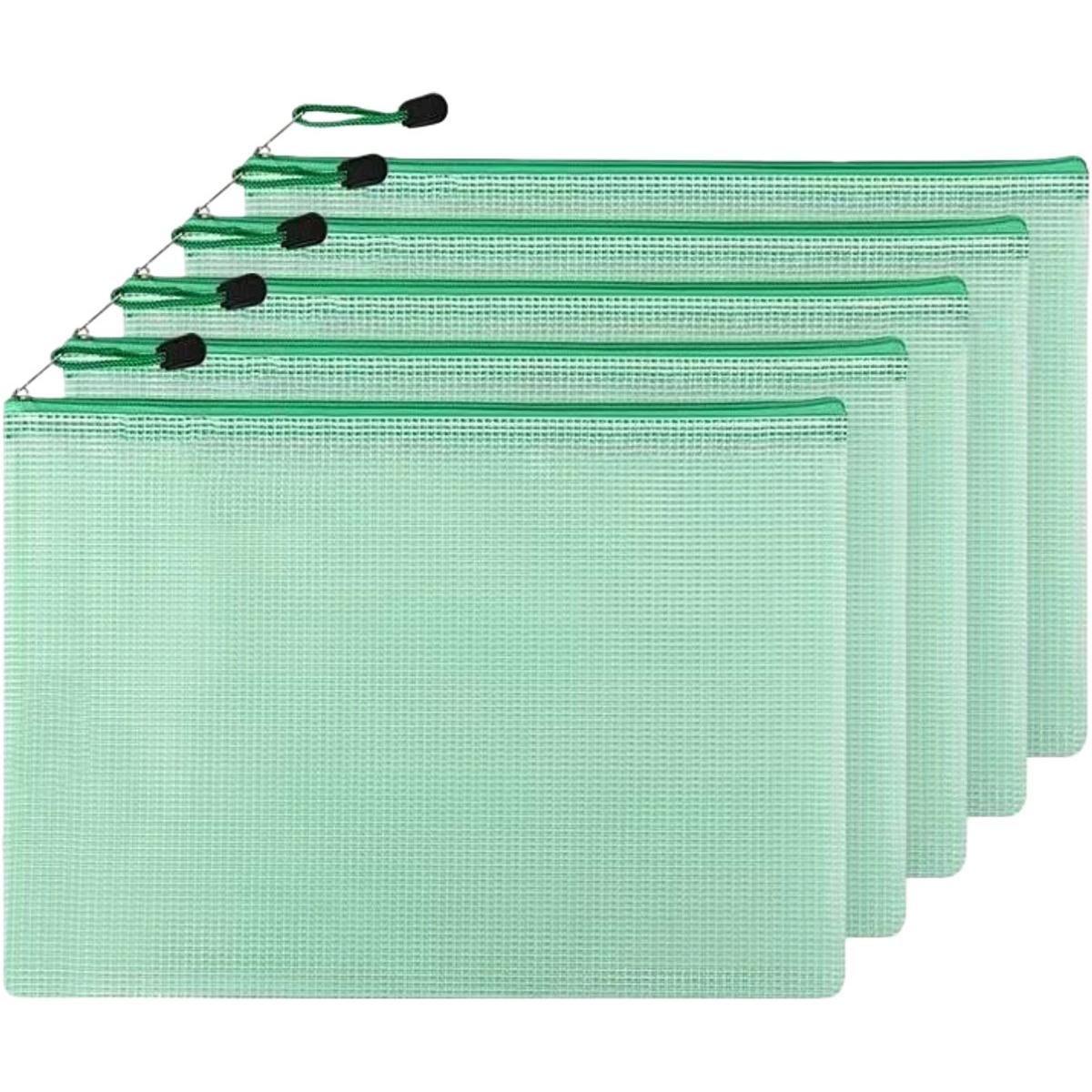 A4-documenttas met ritssluiting, PVC-documenttas met ritssluiting, nettas met ritssluiting, geschikt voor reizen, kantoor en reisbenodigdheden (5 stuks, groen).