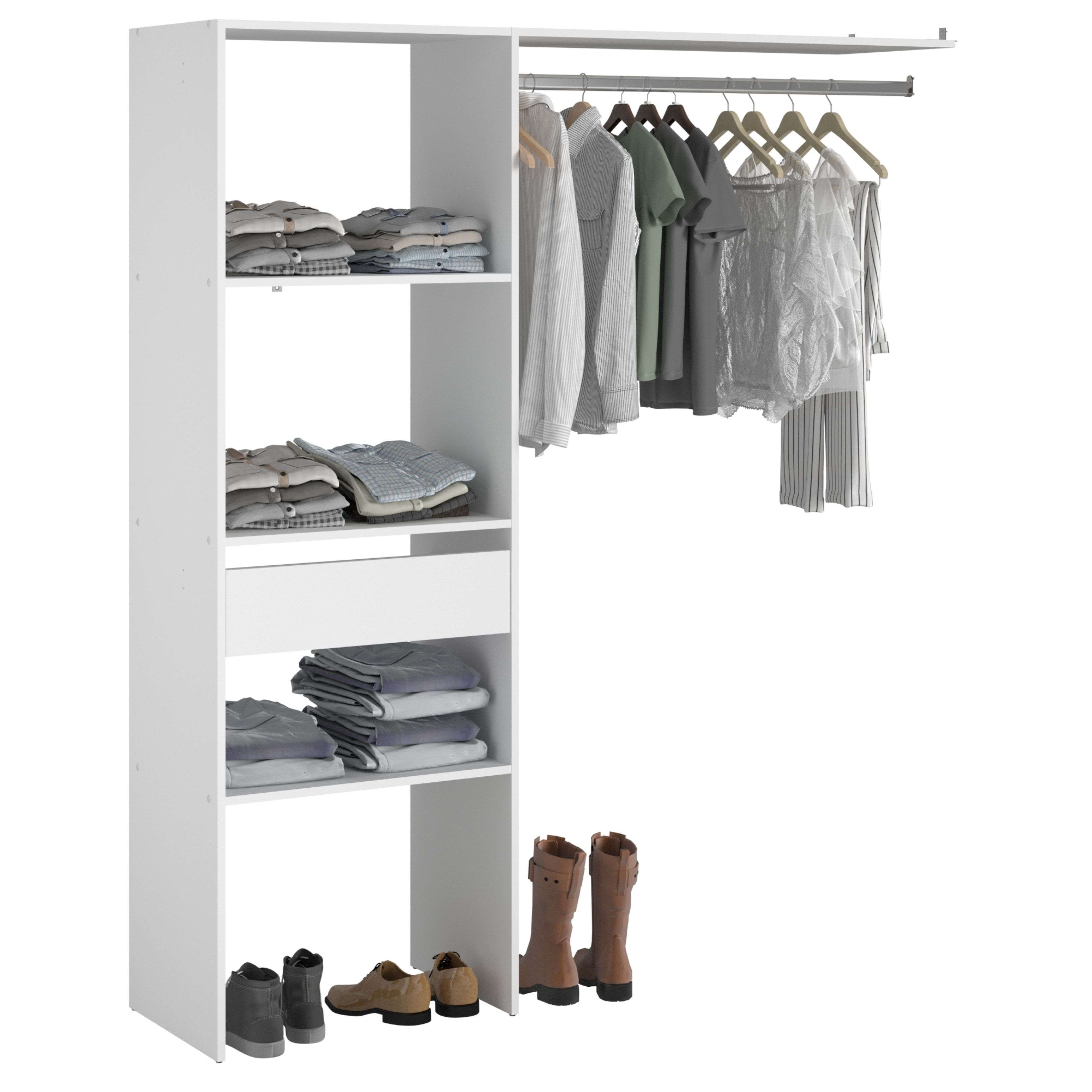 Miroytengo Vestidor Modular Abierto Custom para Dormitorio en Color Blanco Incluye Modulo D con 3 Estantes, 1 Cajón y Barra 160x180 cm