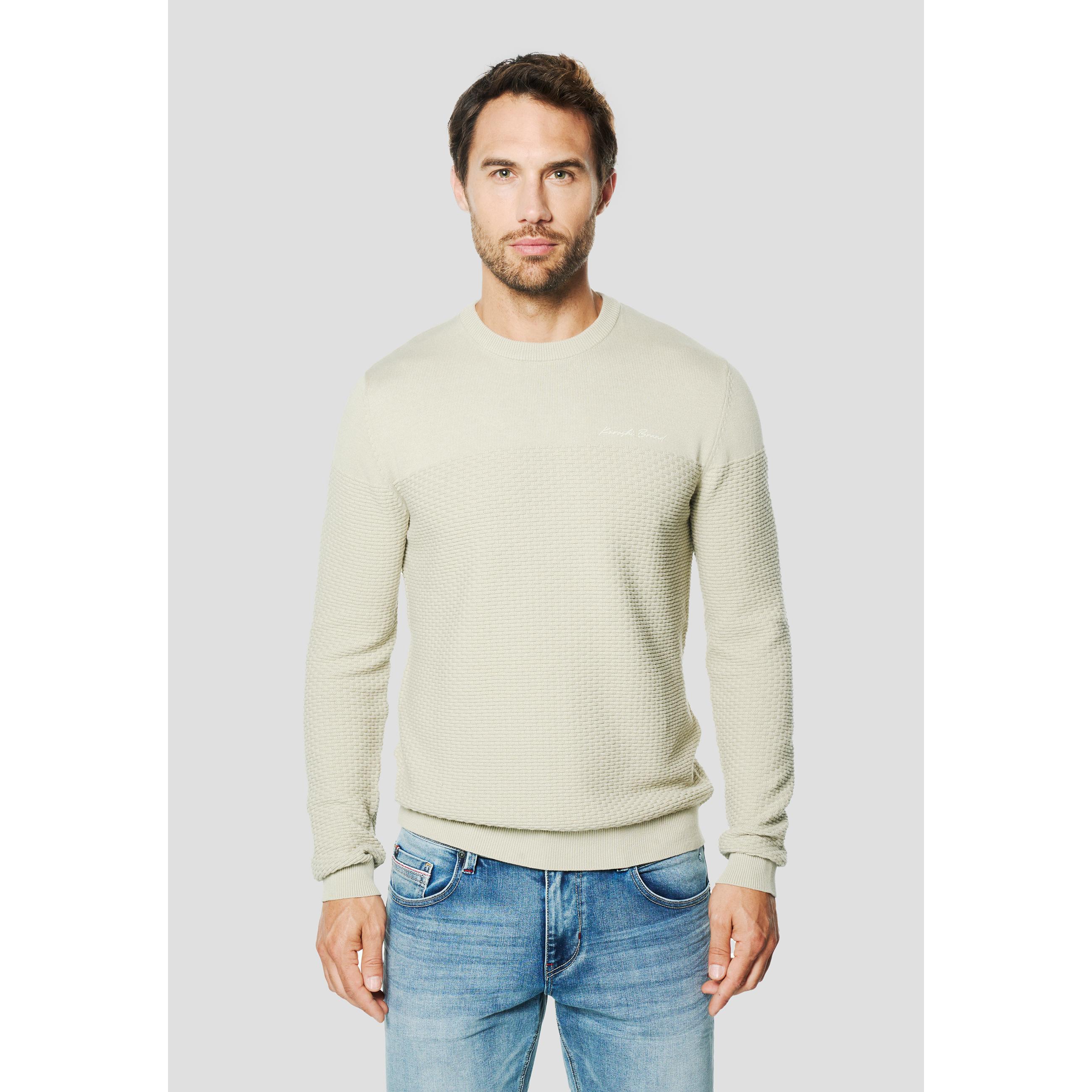 Koroshi - Jersey hombre cuello redondo de punto texturizado tipo panal 100% algodón para entretiempo y otoño en kaki, crudo o navy