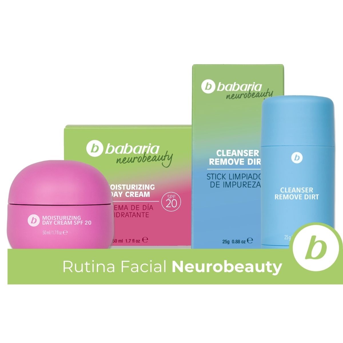 Babaria Neurobeauty Rutina Limpieza y Día | Stick Limpiador Facial + Crema Facial SPF20 | Hidratación, Glow y Bienestar Emocional | Todo Tipo de Pieles