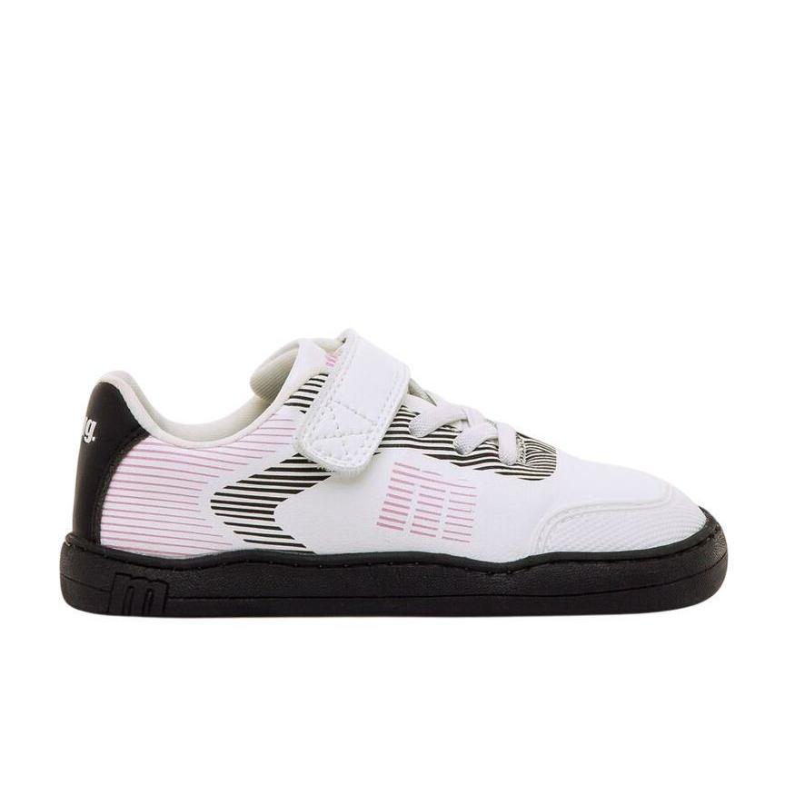 Zapatillas niña Mustang barefoot color action pu white black blanc0 negro y rosa sneakers Mustang para juniors de calzado respetuoso muy comodas y muy flexibles con cierre de tira adherente y elasticos muy trending con certificado vegano