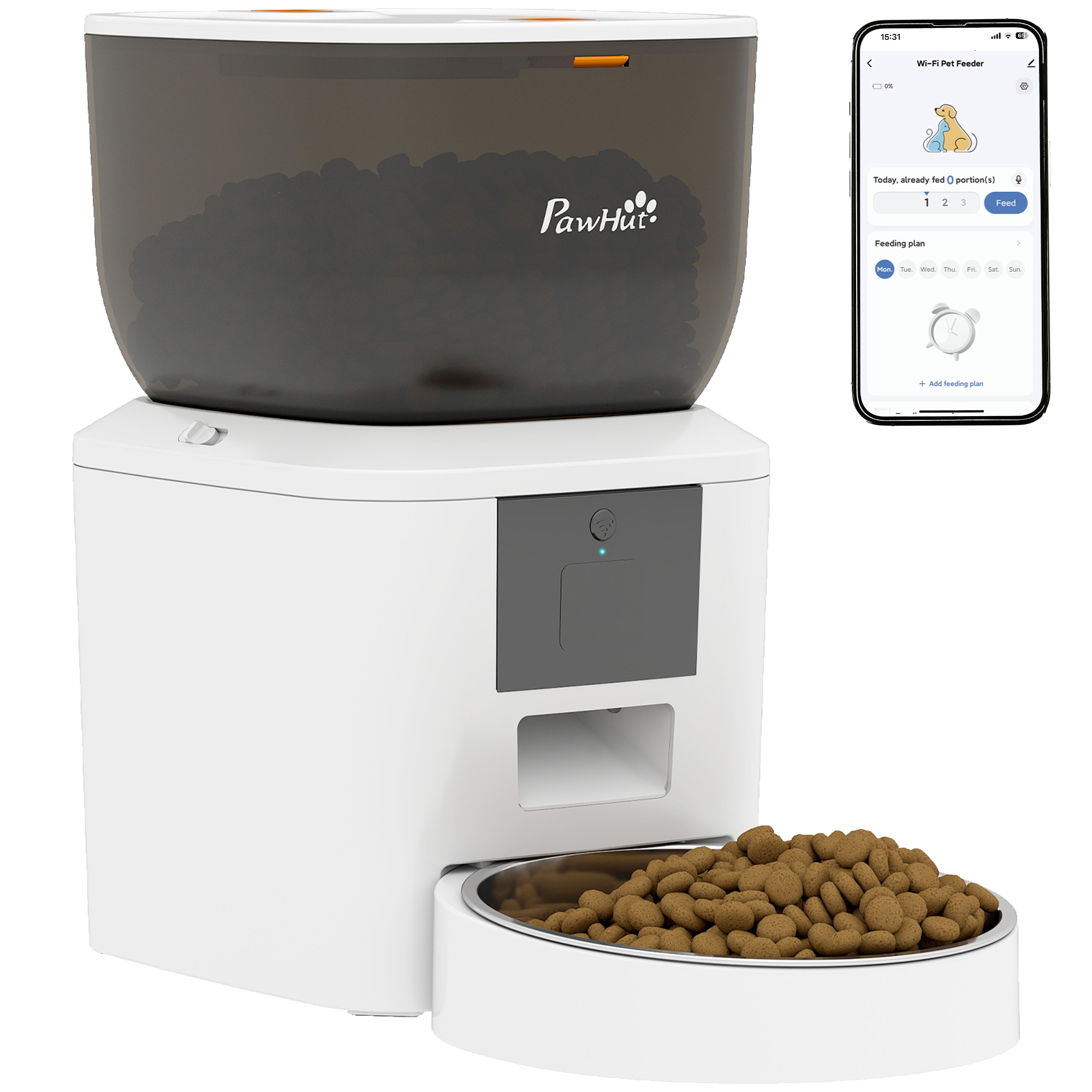 PawHut Comedero Automático 4L WiFi 2.4G, Dispensador de Comida para Gatos Perros con Control App, Cuenco, 1-10 Comidas al Día, Grabadora Voz 10s, Antiatascos, 2 Fuentes Alimentación, Fácil Limpiar