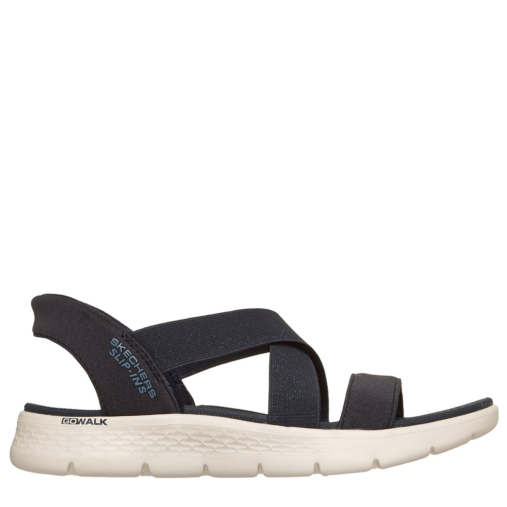 Cómoda Cómodora y práctica sandalia mujer Skechers SLIP-INS GO WALK FLEX SANDAL GLIMMER azul. Skechers Hands Free Slip-ins® para calzar sin manos. Plantilla Goga Mat Altura Tacón bajo (1-3 cm) Referencia 141489-NVY