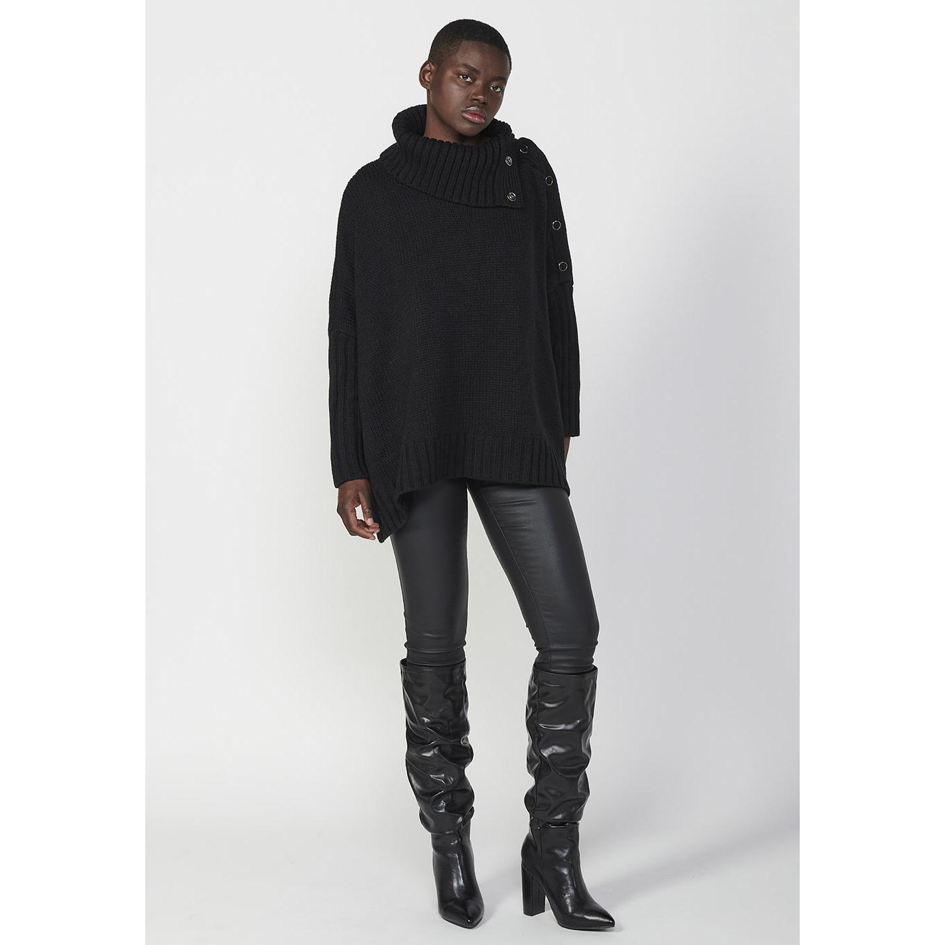 Koroshi - Jersey de mujer cuello vuelto con abertura lateral en acrílico 100%, negro, talla única para combinar con vaqueros o falda lápiz