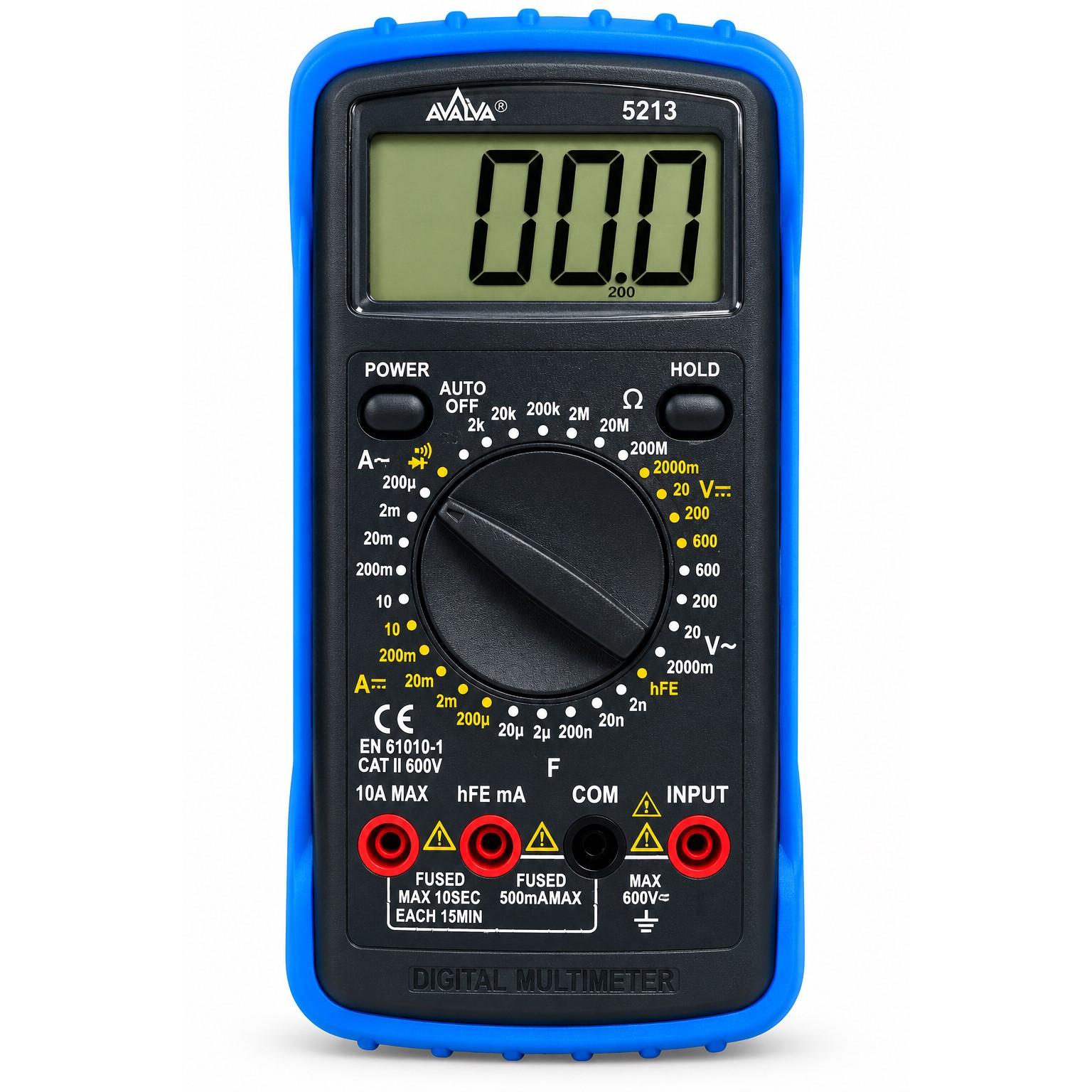 Multímetro digital versátil CAT II 600 V / 10 A con adaptador para transistores, puntas y batería incluidas, ideal para técnicos y aficionados a la electrónica