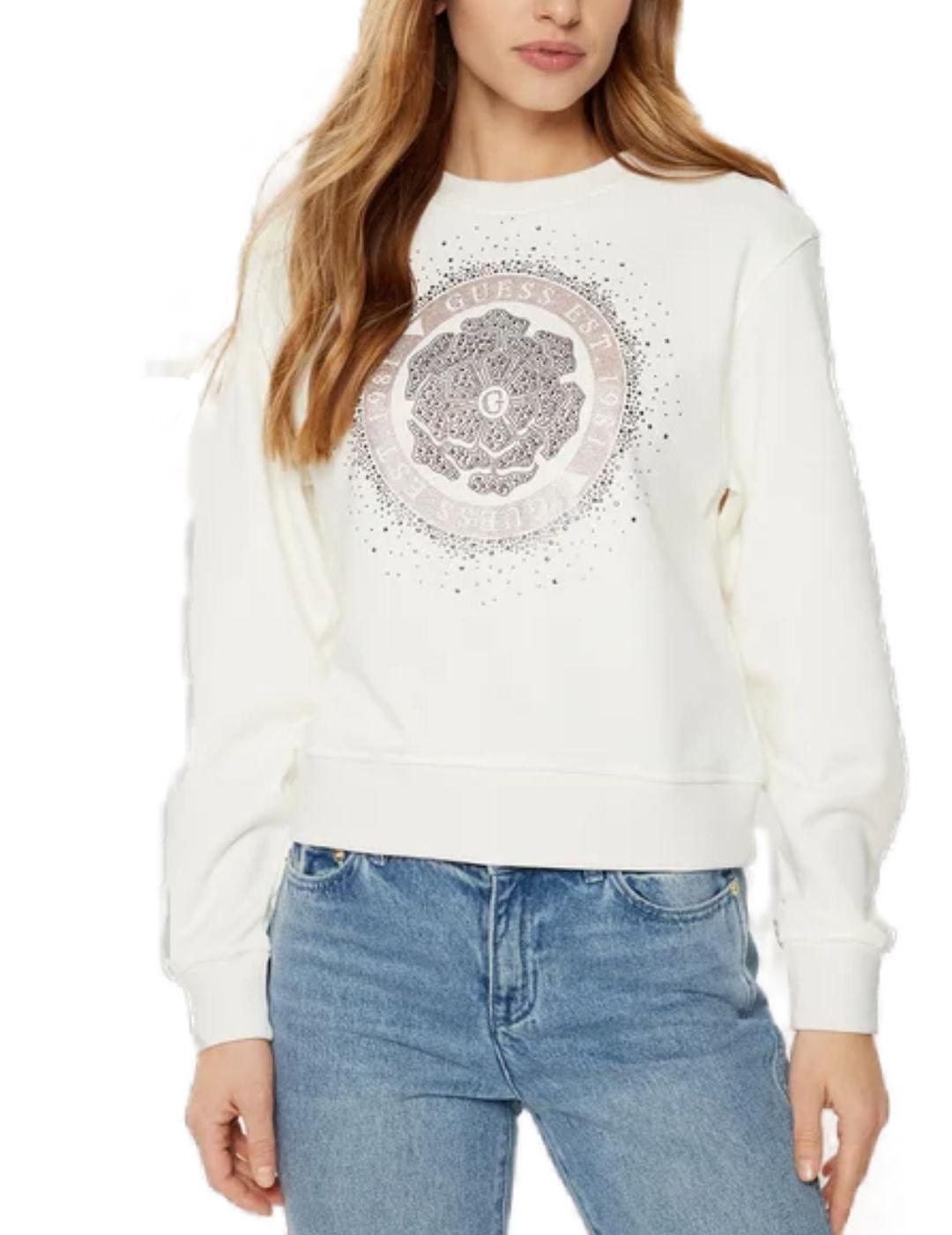 Sudadera Guess Peony blanco sin capucha para mujer