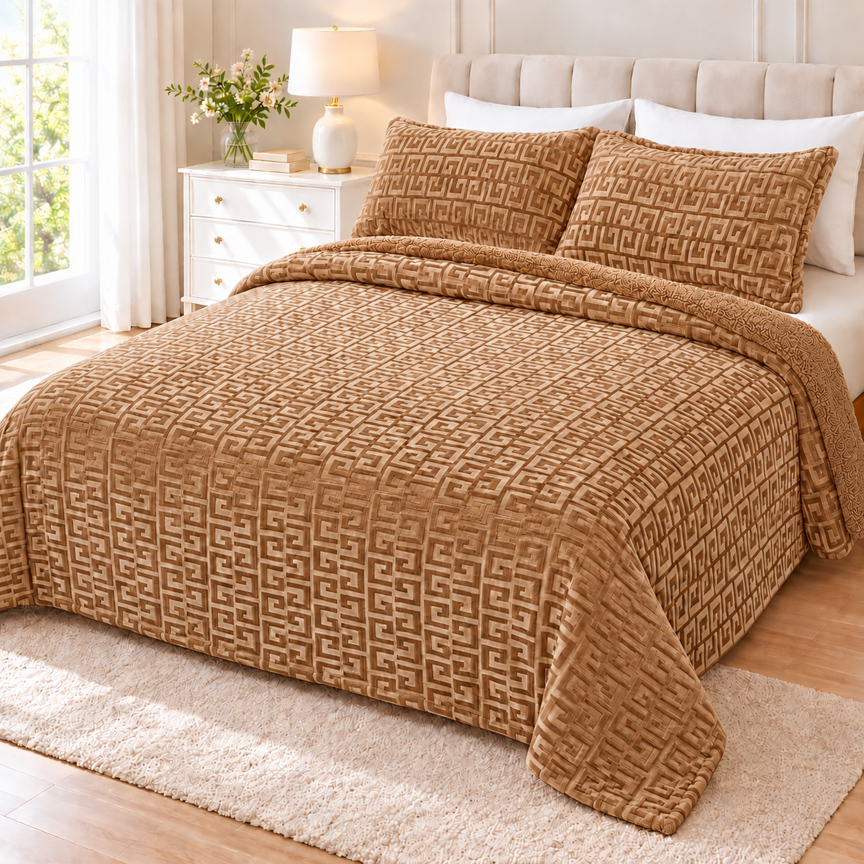 Manta Edredón para Cama con Fundas de Almohada, Diseño Geométrico en Relieve, Reverso de Borreguillo, Tejido de Poliéster, Suave y Cálida, para Camas de 90, 135 y 150 cm