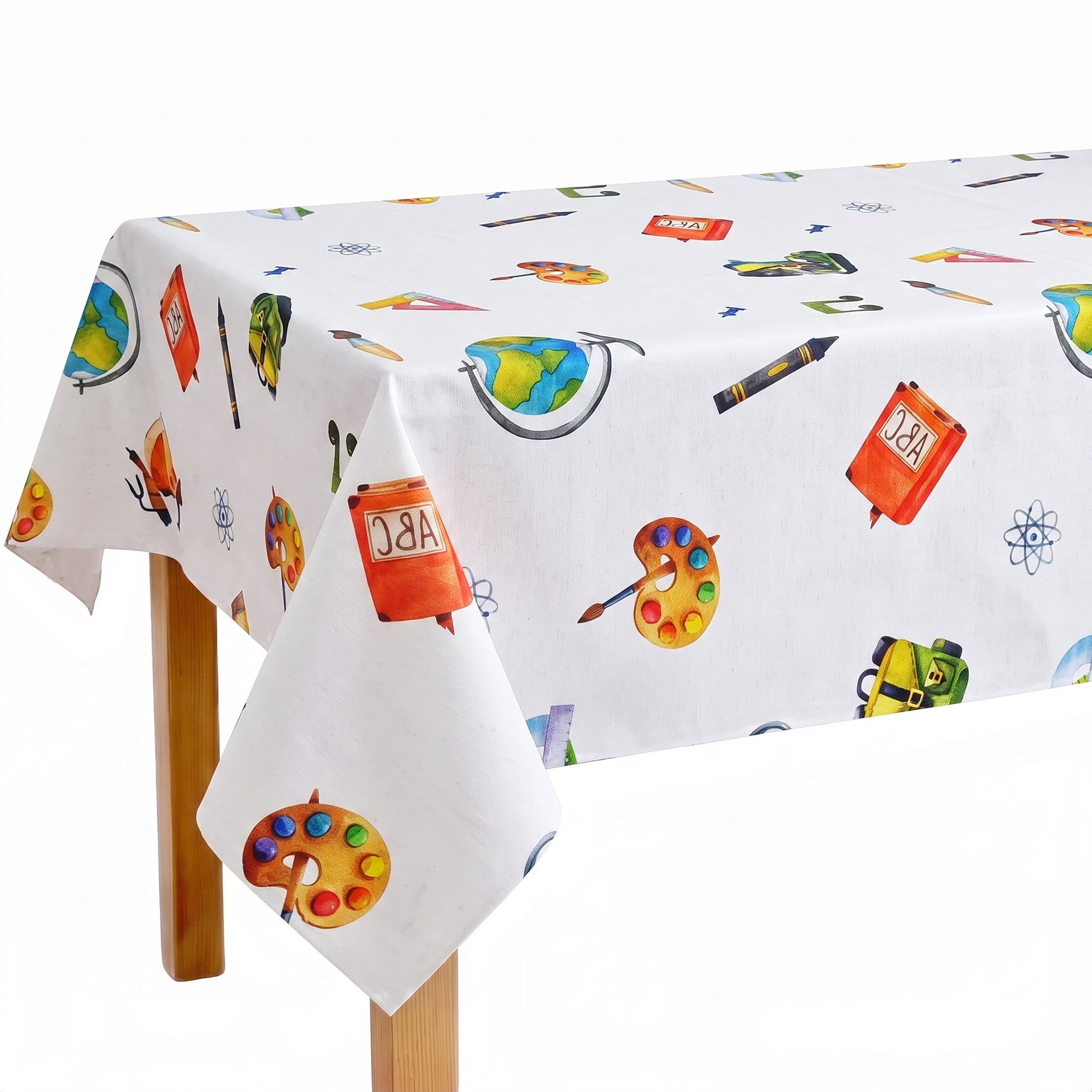 Tela para Mantel Algodón y Poliéster con Acabado de Resina, Diseño Escolar con Globos Terráqueos, Paletas, Lápices y Mochilas