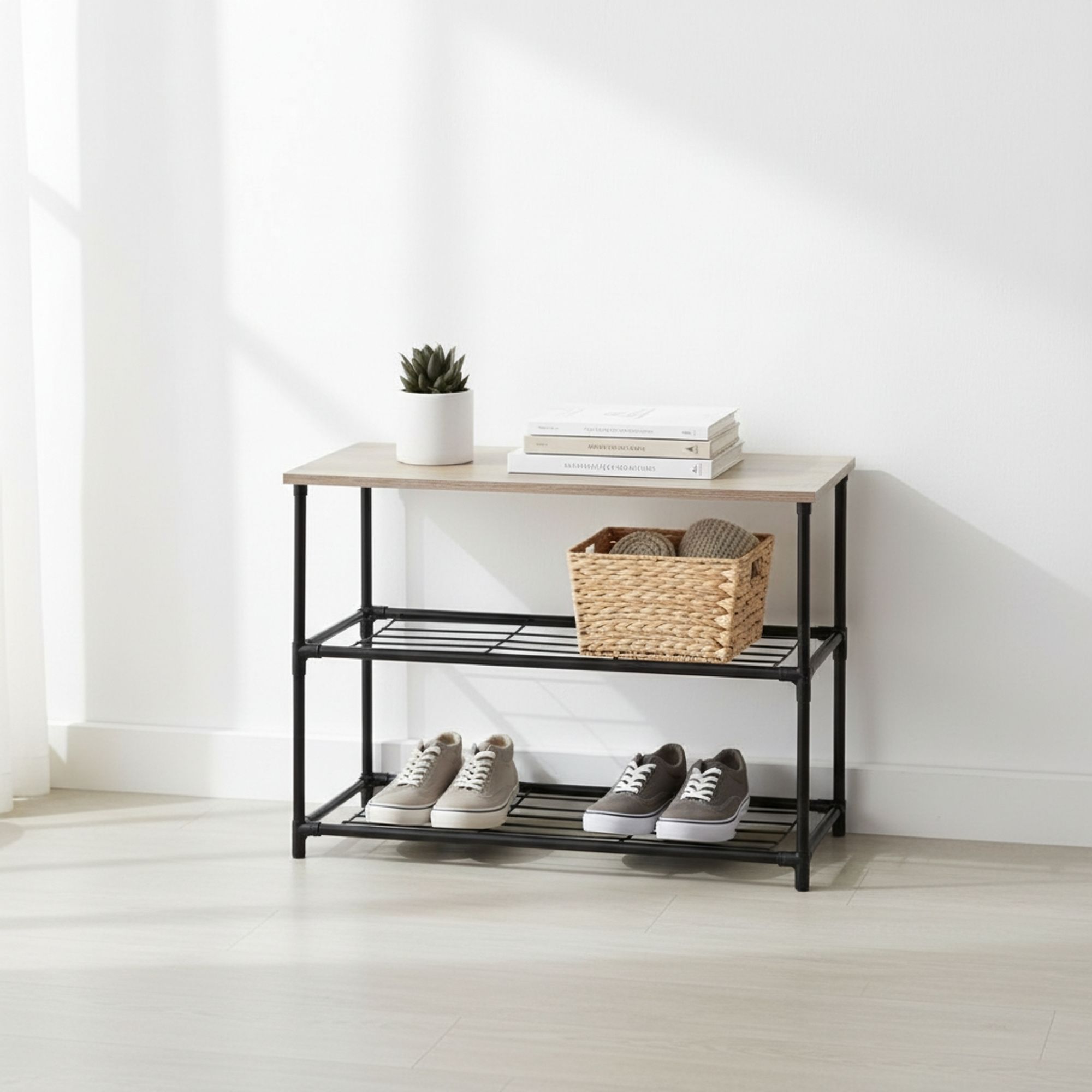 MOBLEKIT | Estantería de Almacenaje Acero y Madera 3 Baldas 60×30×43 cm, Mueble Compacto para Cocina o Entrada, Estantería Metálica Pequeña y Robusta con Acabado Mate