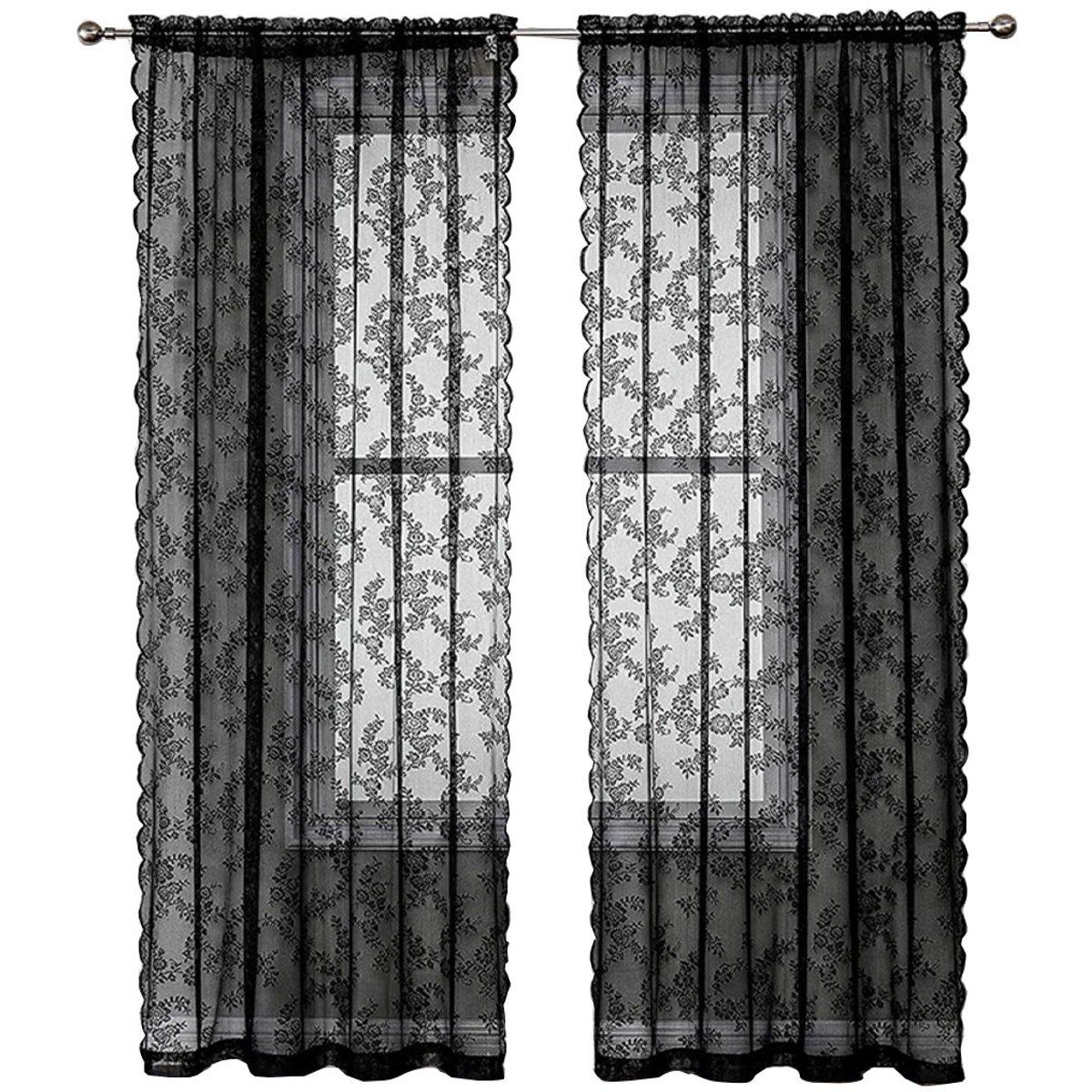 Cortinas de encaje negro de 100 x 200 cm - Juego de cortinas transparentes con bordado floral retro - Cortinas de tela de encaje rosa sostenible con barra - Para decoración de dormitorio y sala de estar - Juego de 2 piezas