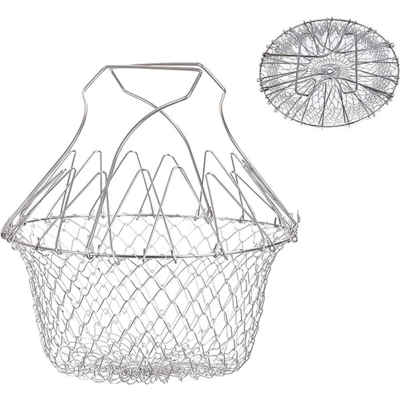 CA Cesta para freír, cesta para ensalada, colador de cocina de acero inoxidable, cesta para freír expandible, cesta de cocina de chef