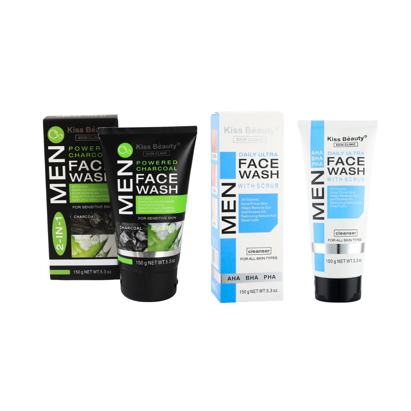 Pack Rutina Facial Hombre Kiss Beauty - Limpiador Carbón Activado + Exfoliante Ácidos AHA BHA PHA - Control de Grasa y Poros - Kit Cuidado Masculino Antimperfecciones