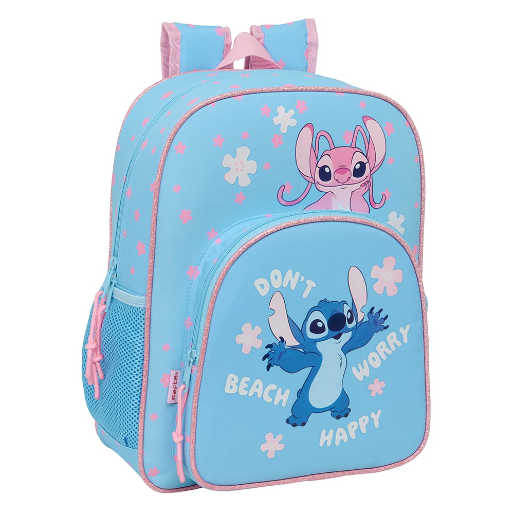 SAFTA | Mochila Escolar Guardería Stitch Adaptable a Carro Compartimento Principal con Cremallera, Ergonómica y Acolchada, Bolsillos Portabotellas, Bolsillo Frontal, Cremallera Doble Tirador, Infantil