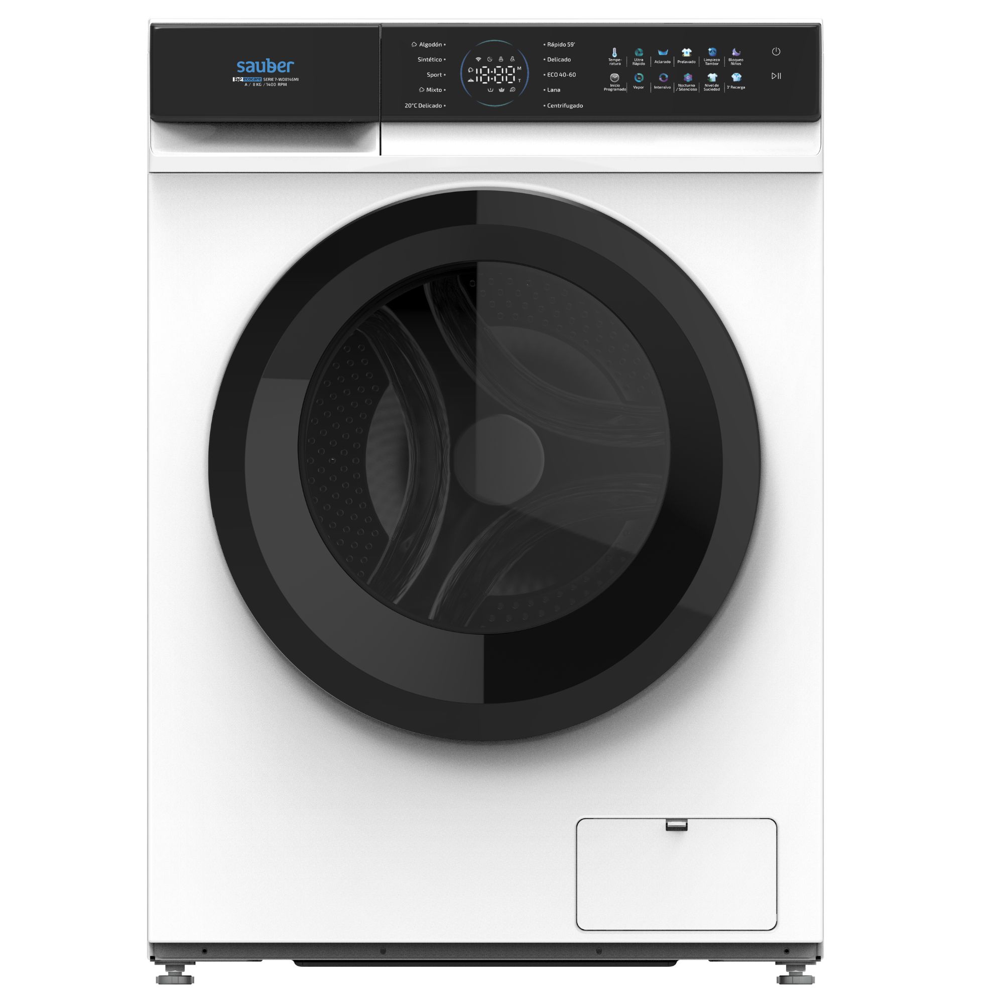 Lavadora Sauber Serie 7-WD10146MI 10 kg 1400 rpm, carga frontal, libre instalación, vapor, motor Inverter, pantalla táctil a color, limpieza del tambor 90 °C, fin diferido 24 h, clase A, blanco