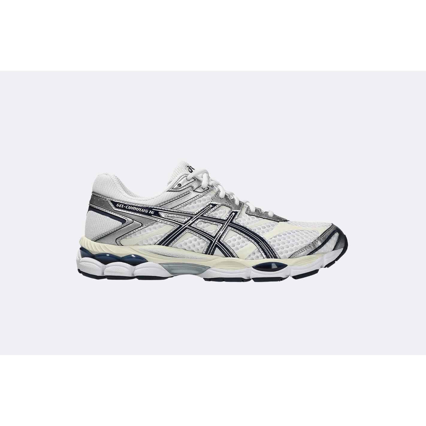 Zapatillas Asics GEL-CUMULUS 16 en Color Blanco y Midnight, Amortiguación Suave para Carreras Largas