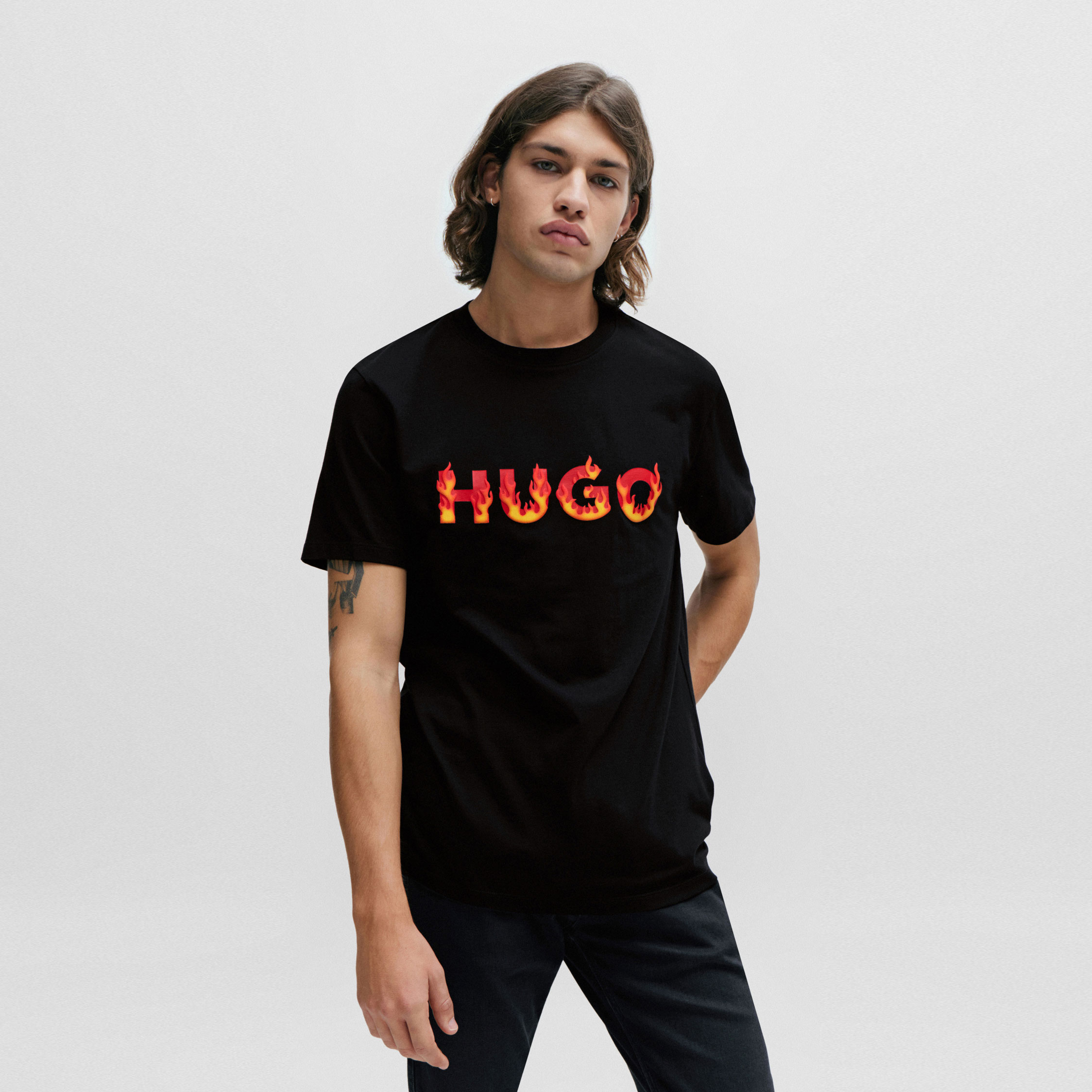 HUGO Camiseta de punto de algodón Negra 50504542-001 , para Hombre