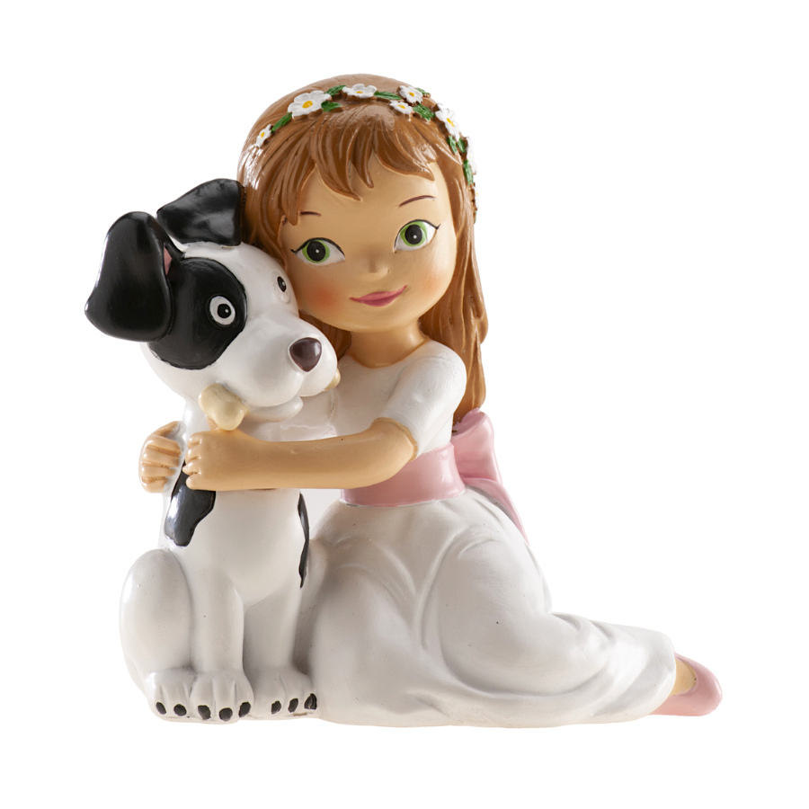 Figura para Tarta Comunión Niña con Perro - No Comestible - Base PET de Poliresina - Normativa UE 10/2011 - Medidas 70 X 100 X 120 Mm - Conservación en Su Embase y Caja Original