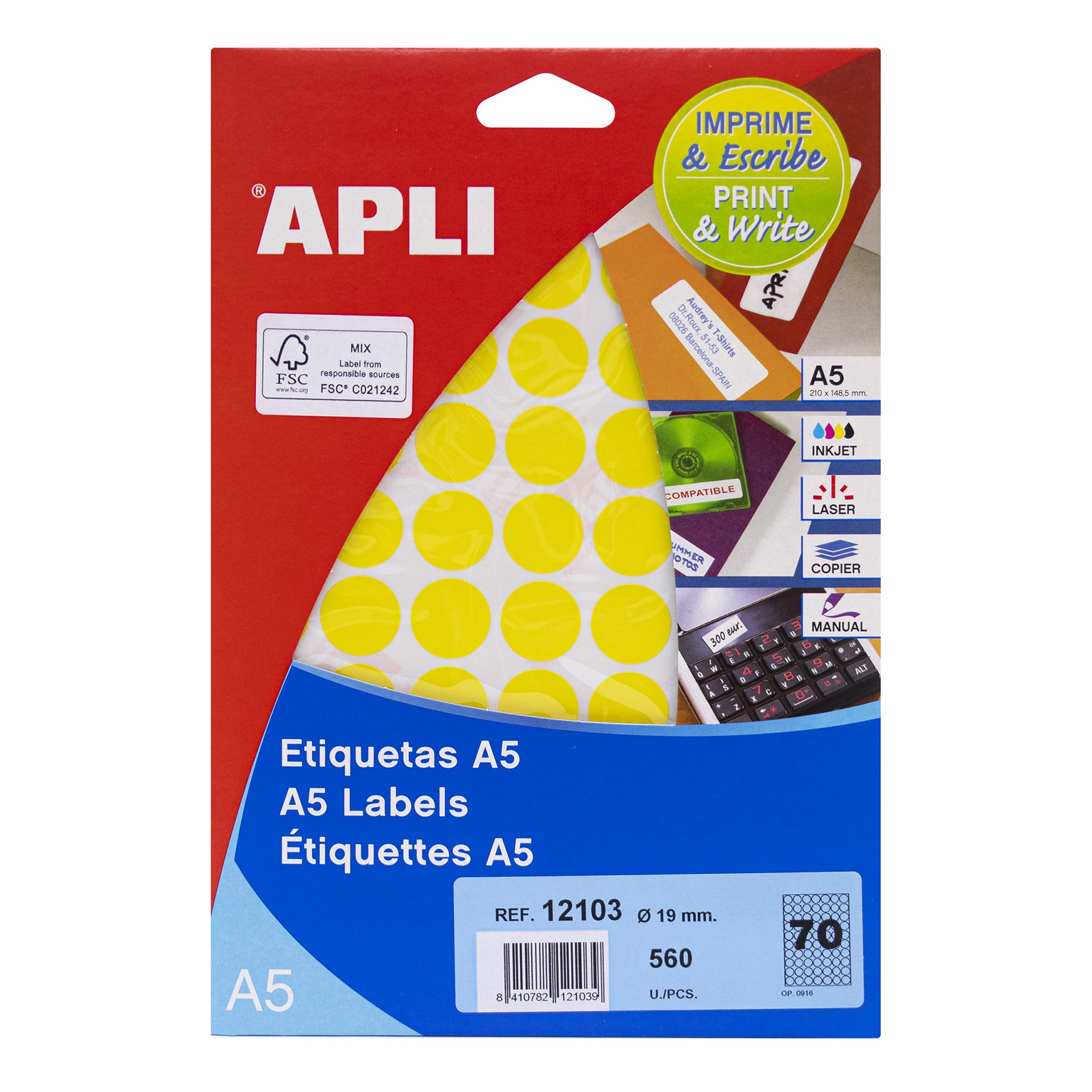 Etiquetas A5 amarillas Ø 19,0 mm 8 hojas | APLI - Pegatinas círculos, 560 unidades, ref. 12103