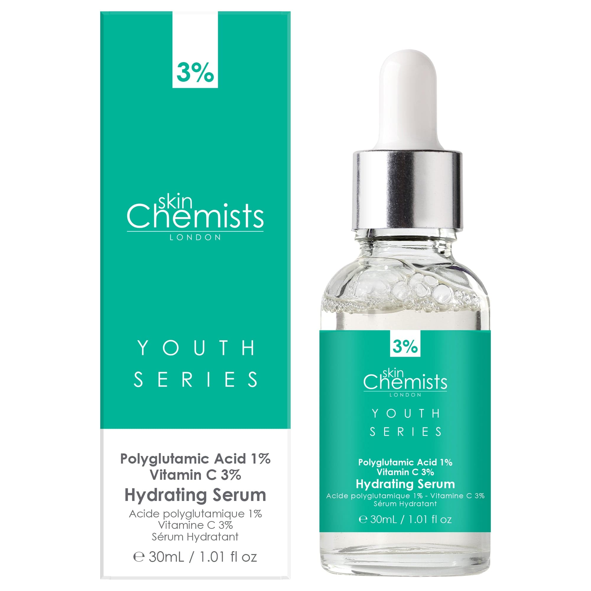 skinChemists - Youth Series Sérum Hidratante Ácido Poliglutámico 1%, Vitamina C 3% con Ácido Hialurónico 30 ml, Hidratante e Iluminador para Piel Apagada y Tono Desigual