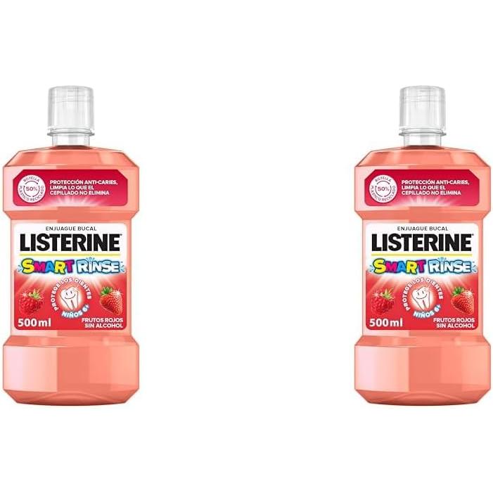 Listerine Kids (2 x 500 ml), enjuague bucal niños 6+ años, colutorio encías y dientes 0% alcohol formulado con 95%+ de ingredientes naturales, enjuague bucal anti-caries