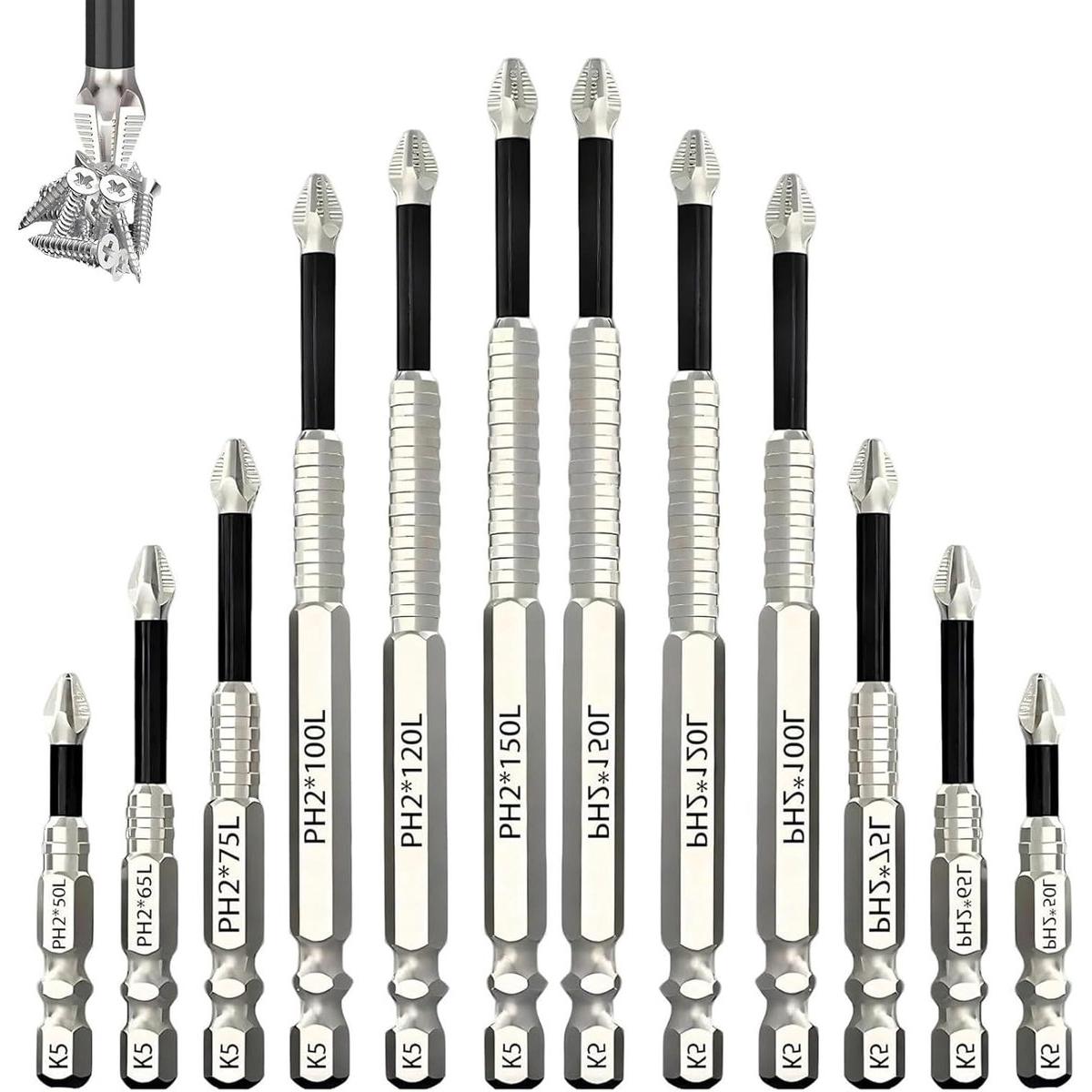 Juego de 12 puntas magnéticas para destornillador - Juego de puntas antideslizantes K5 - Puntas magnéticas PH2 - Duraderas - Acero inoxidable - Ergonómicas y antideslizantes - Para uso doméstico y profesional - 50, 65, 75, 100, 120 y 150 mm