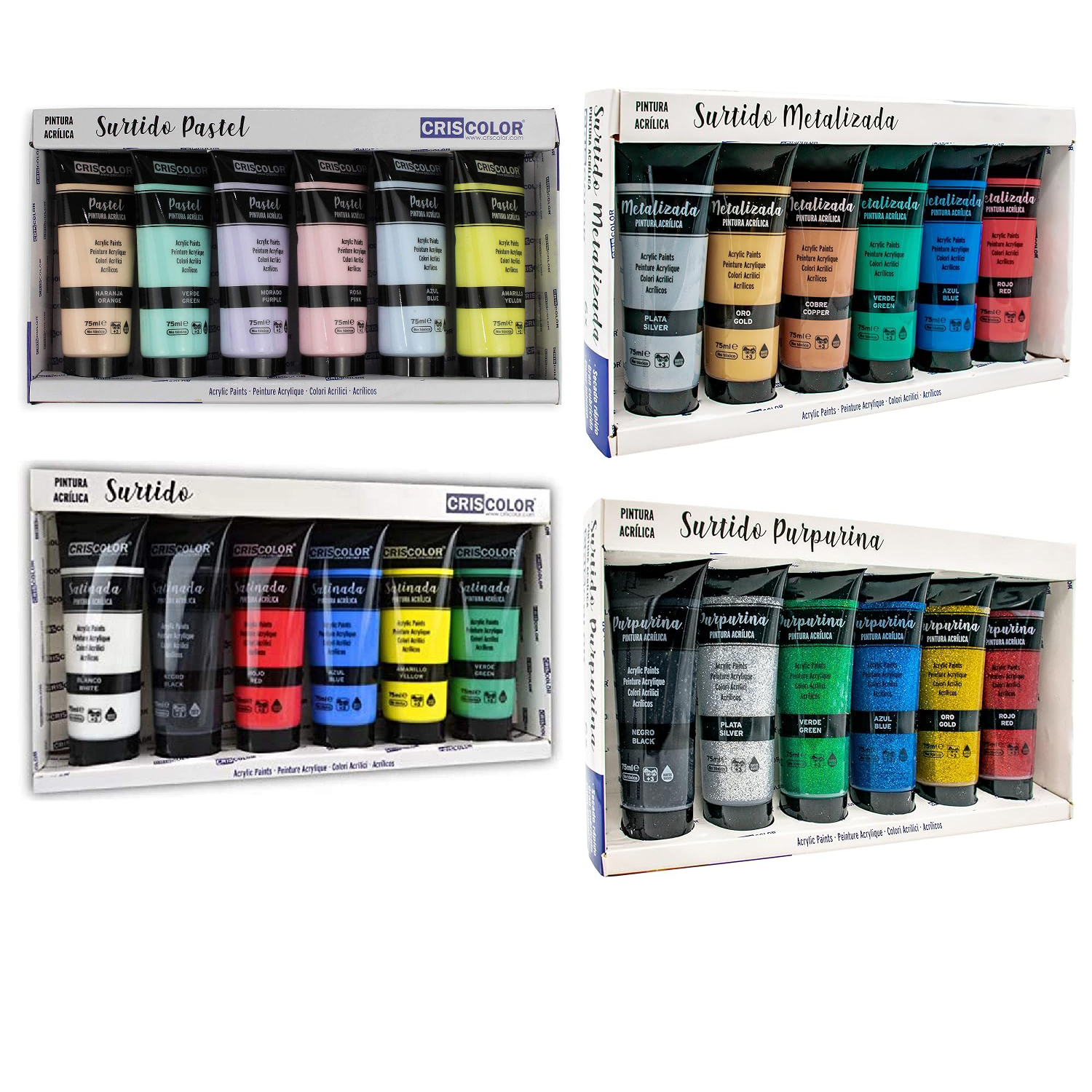 Set de Pintura Acrilica de 6 Colores para lienzos y Manualidades, Surtido, 75 ml (Paquete de 6), Pintura para  Arte, Pintura Acrilica Pack de 6 Colores