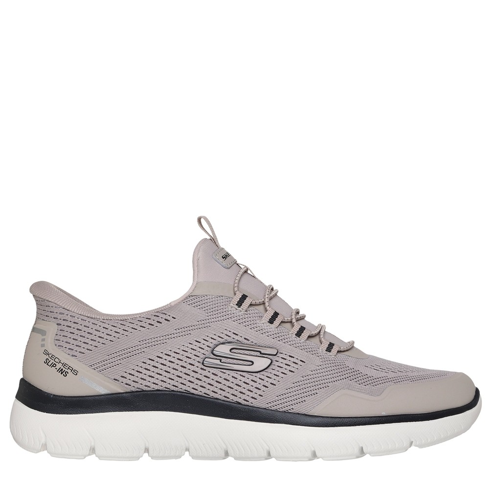 Cómoda Zapatilla hombre Skechers SLIP-INS: SUMMITS TOP RATE en malla taupe. Plantilla Memory Foam® Talón Hands Free Slip-ins Comfort Pillow para calzarte sin manos. Altura Tacón bajo (1-3 cm) Referencia 233045-TPBK