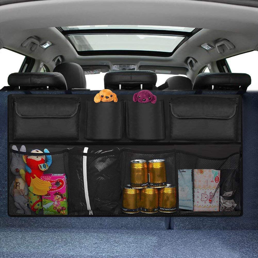 TK Organizador de maletero para asiento trasero, 8 bolsillos mantienen el coche limpio y organizado, red de carga plegable duradera para más espacio en el maletero, organizador seguro para coche con correas ajustables para adaptarse a todos los vehículos