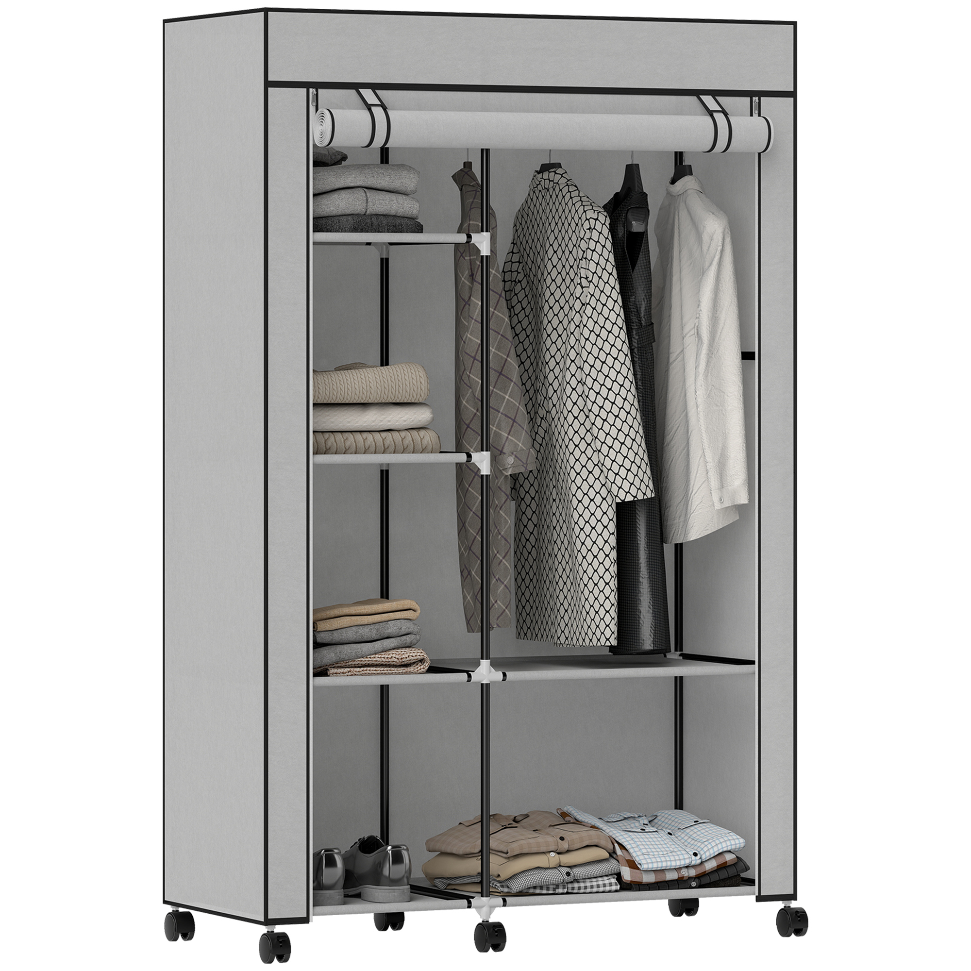 HOMCOM Armario de Tela con Ruedas, Armario Portátil, con Barra para Colgar, 6 Estantes, Marco de Acero, para Dormitorio, Vestidor, 103x43x162,5 cm