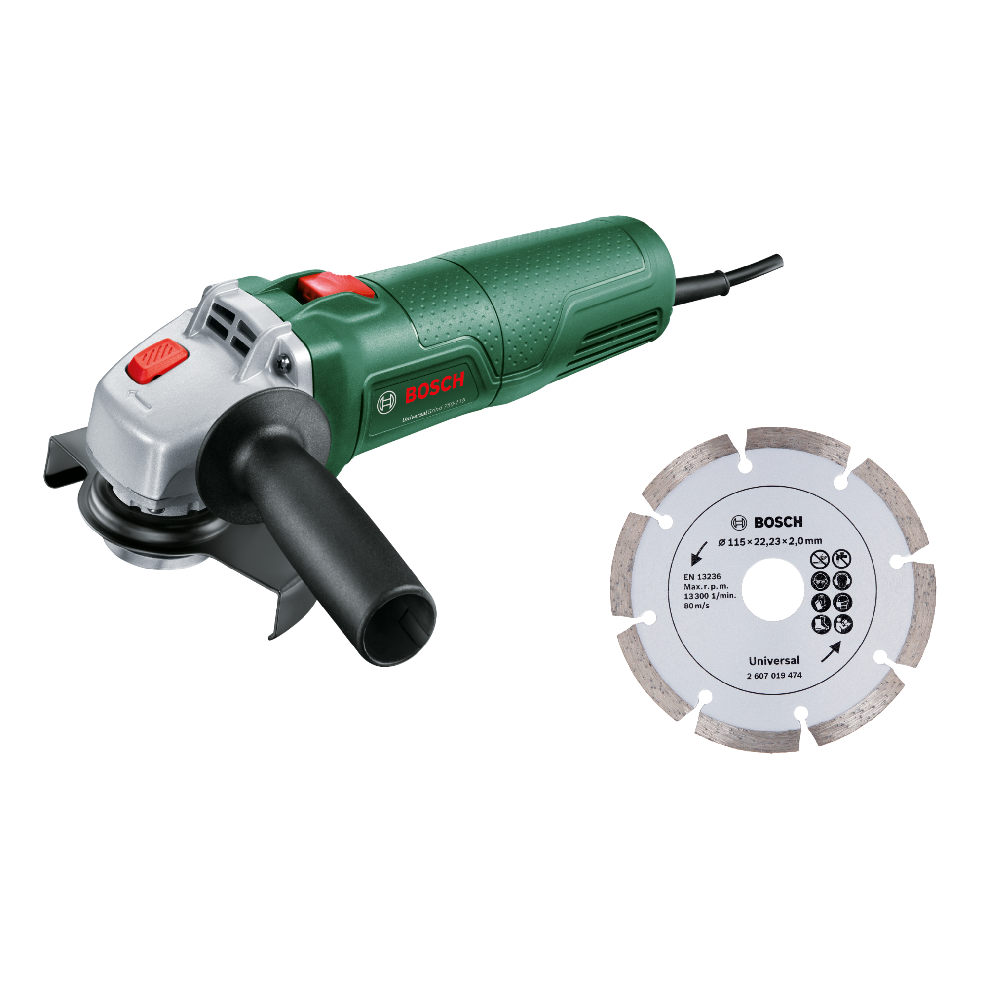Bosch - Pack Amoladora Angular + Disco de Diamante - UniversalGrind 750-115 - 750W, para Discos de 115mm, con Empuñadura Antivibración