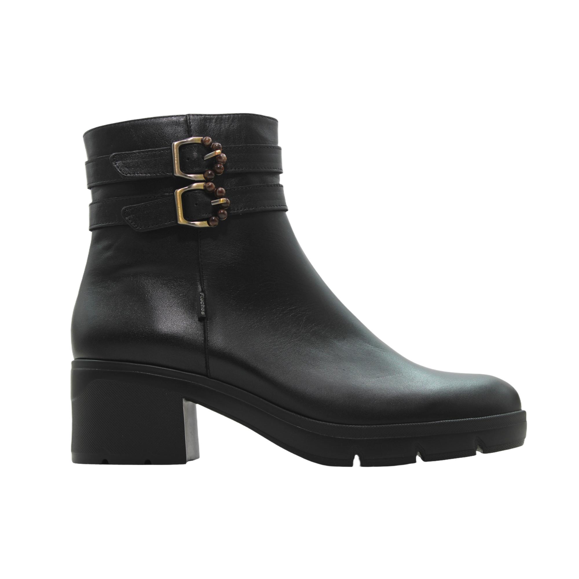Fluchos F2516 Botín casual de piel, tacón bloque y tira con adorno, con cremallera, suela de goma, para señora