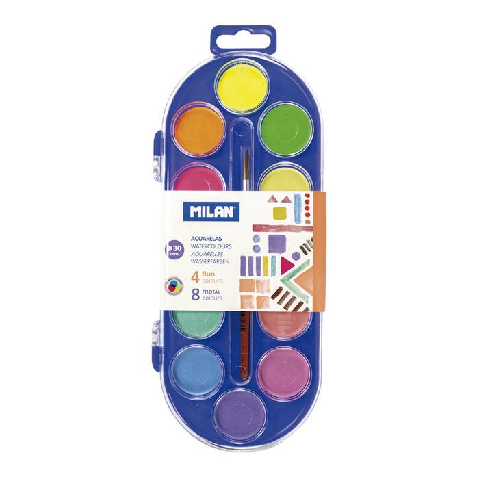 MILAN ACUARELAS 12 PASTILLAS 30MM Y PINCEL COLORES FLUOR Y METAL SIN COLECCION