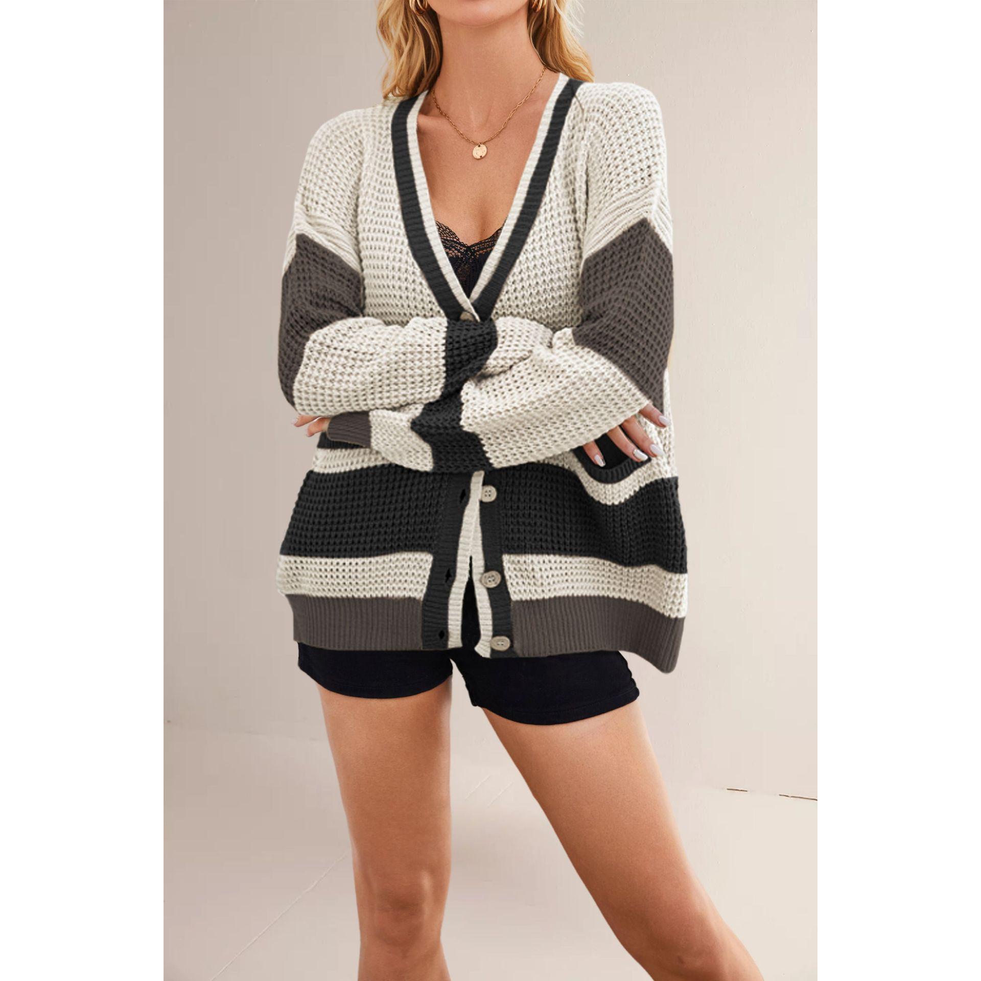 TK Suéter de punto para mujer, otoño/invierno, con cuello en V, talla grande, bolsillos y bloques de color.