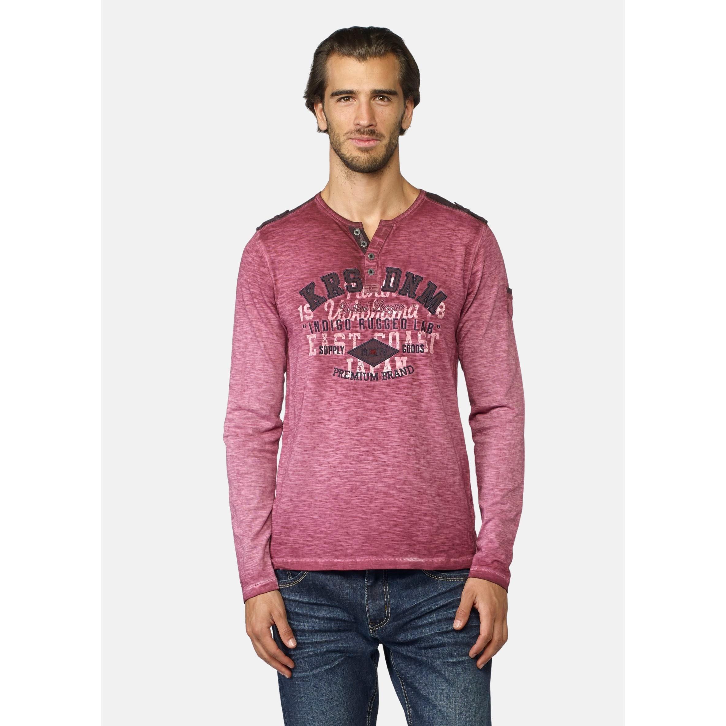 Koroshi - Camiseta manga larga hombre efecto lavado 100% algodón con estampado y bordado en relieve, kaki o granate