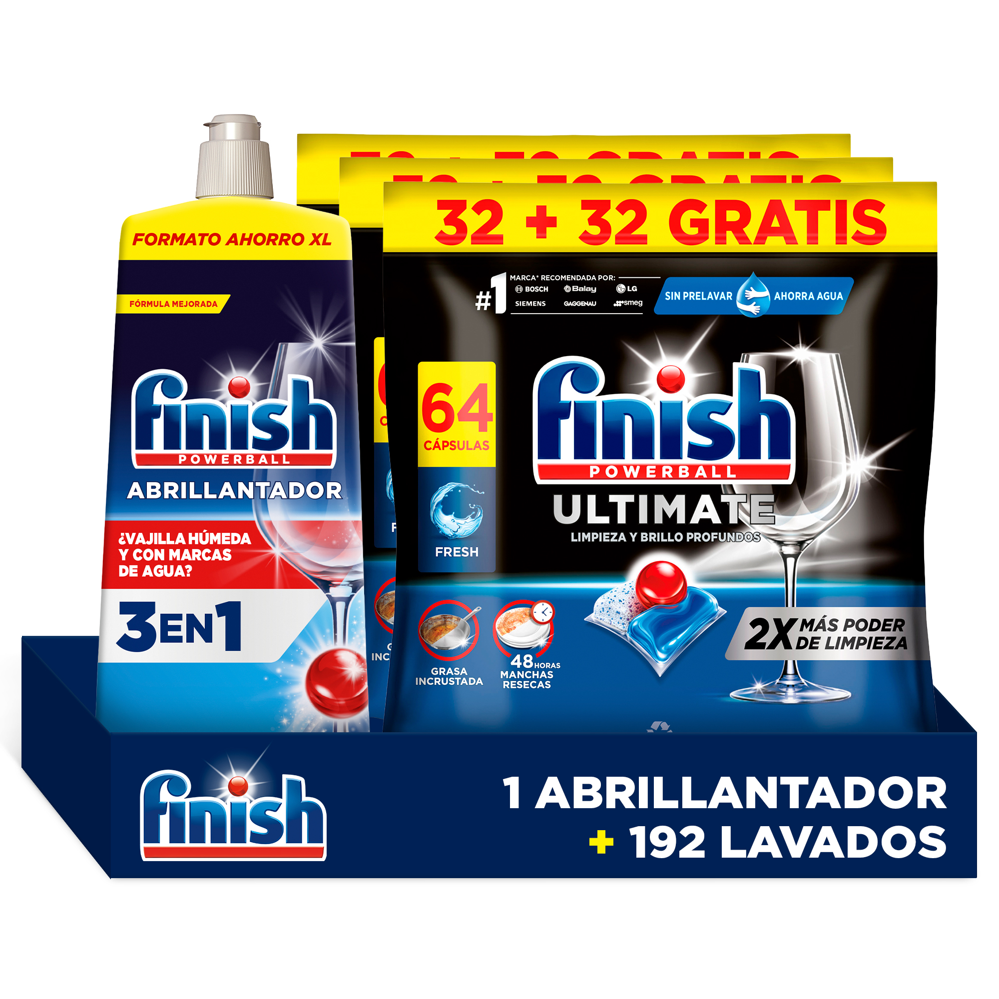 Finish Pack Brillo Total – 3x Ultimate 192 Pastillas (Formato 3x64 Pastillas) + Abrillantador XL 287 Lavados