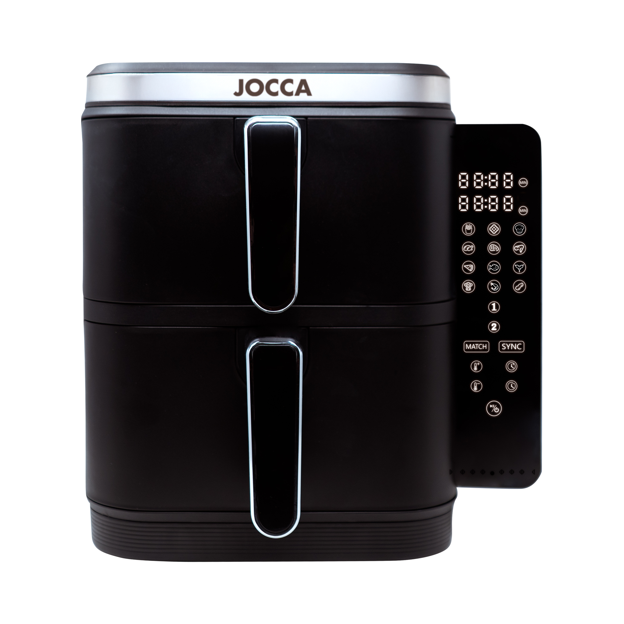 Freidora de aire Jocca doble 11L (5.5+5.5L) con 2 compartimentos independientes, 12 funciones, control táctil, pantalla LED, temperatura 60-200 °C, temporizador 60 min, interior antiadherente, fácil limpieza, cocina sin aceite.