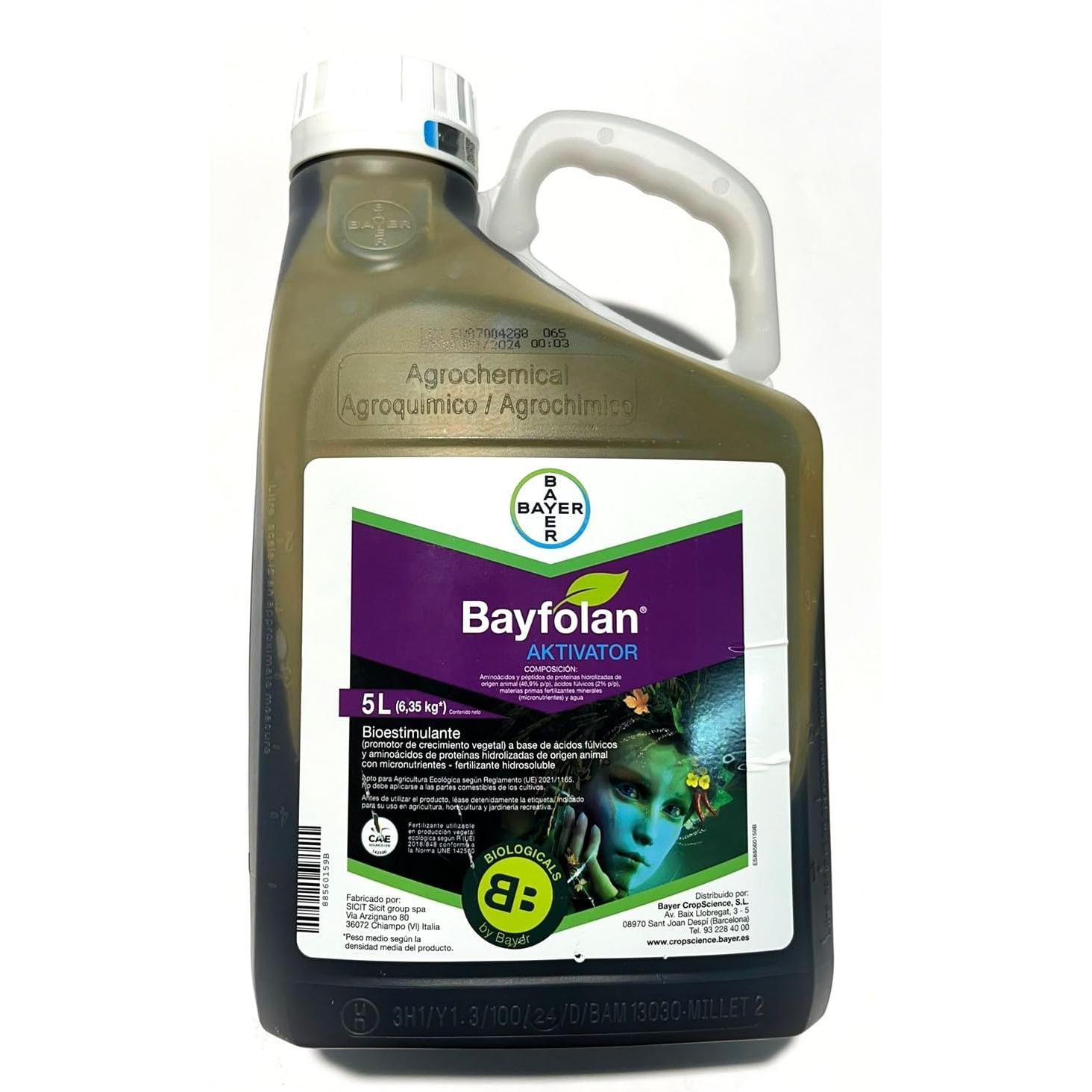 Bayfolan Aktivator Abono foliar de aminoácidos y ácidos fúlvicos Envase de 5l. Completo fertilizante de riego y foliar. fisioactivador de origen natural con Proteínas hidrolizadas, Ácidos fúlvicos y Microelementos. basado, ayuda a la planta