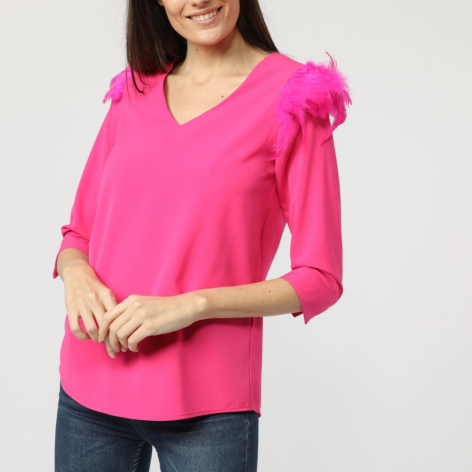 Blusa mujer, camisa top, manga larga, hombro con plumas, diseño liso, poliéster, cuello pico, cierre botón, corte recto, estilo elegante, color fucsia, talla 36, cómoda, tendencia ✅Entrega 24/48h
