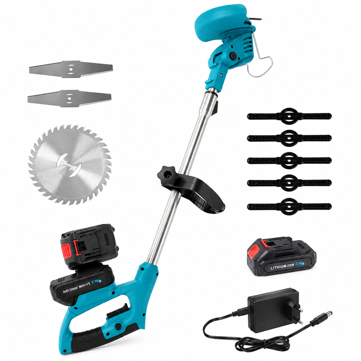 Don Feliz Desbrozadora Inalámbrica 24V con 2 Baterías, Cortabordes Eléctrico Portátil con Mango Telescópico Ajustable y Cuchillas Intercambiables, Cortacésped para Jardín, Césped y Arbustos