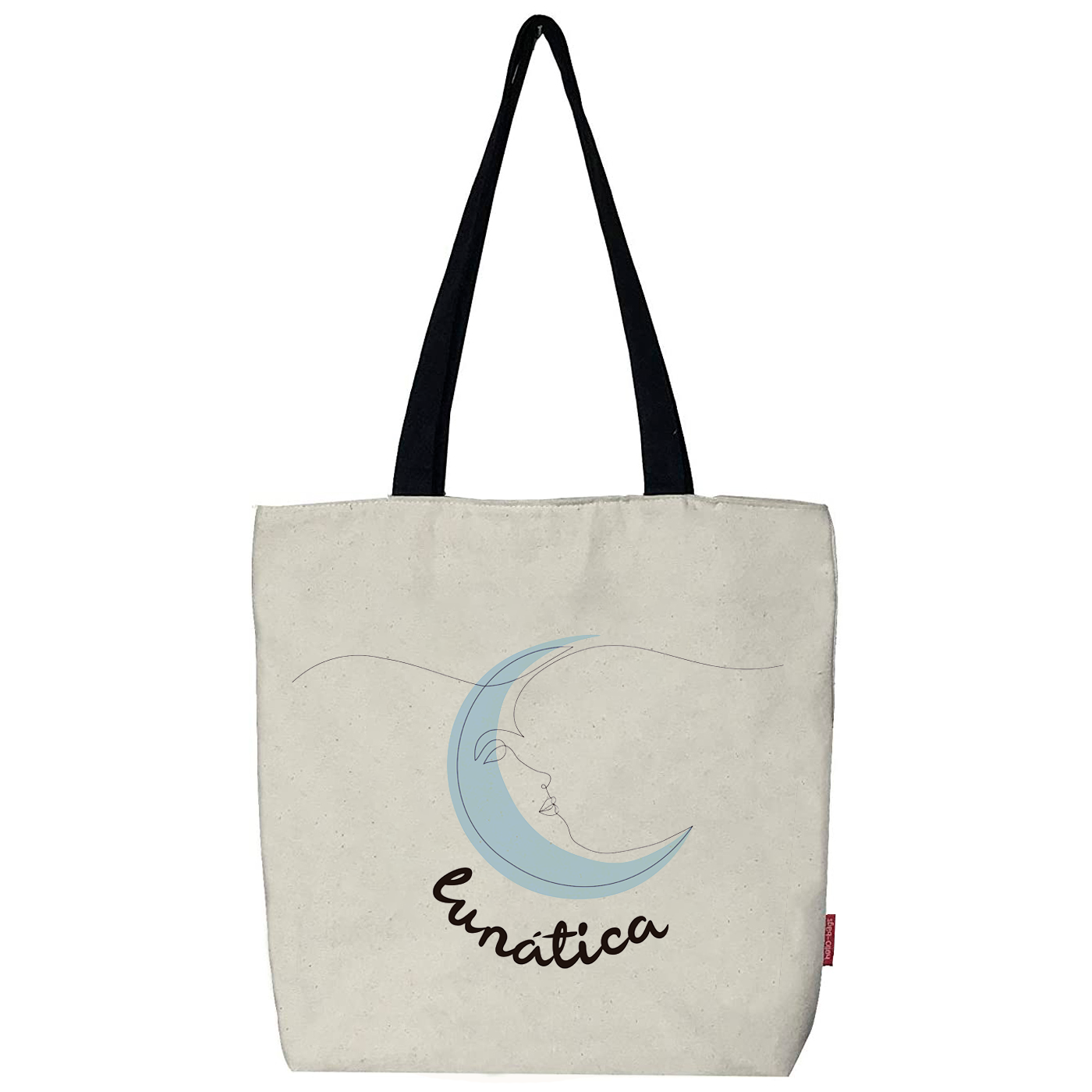 Hello-Bags. Bolso tote bag con cremallera, forro y bolsillo interior. Exterior: Algodón 100%. Incluye sobre kraft de regalo. Modelo LUNÁTICA. Color: Crudo / Negro. Medidas: 37x38 cm.