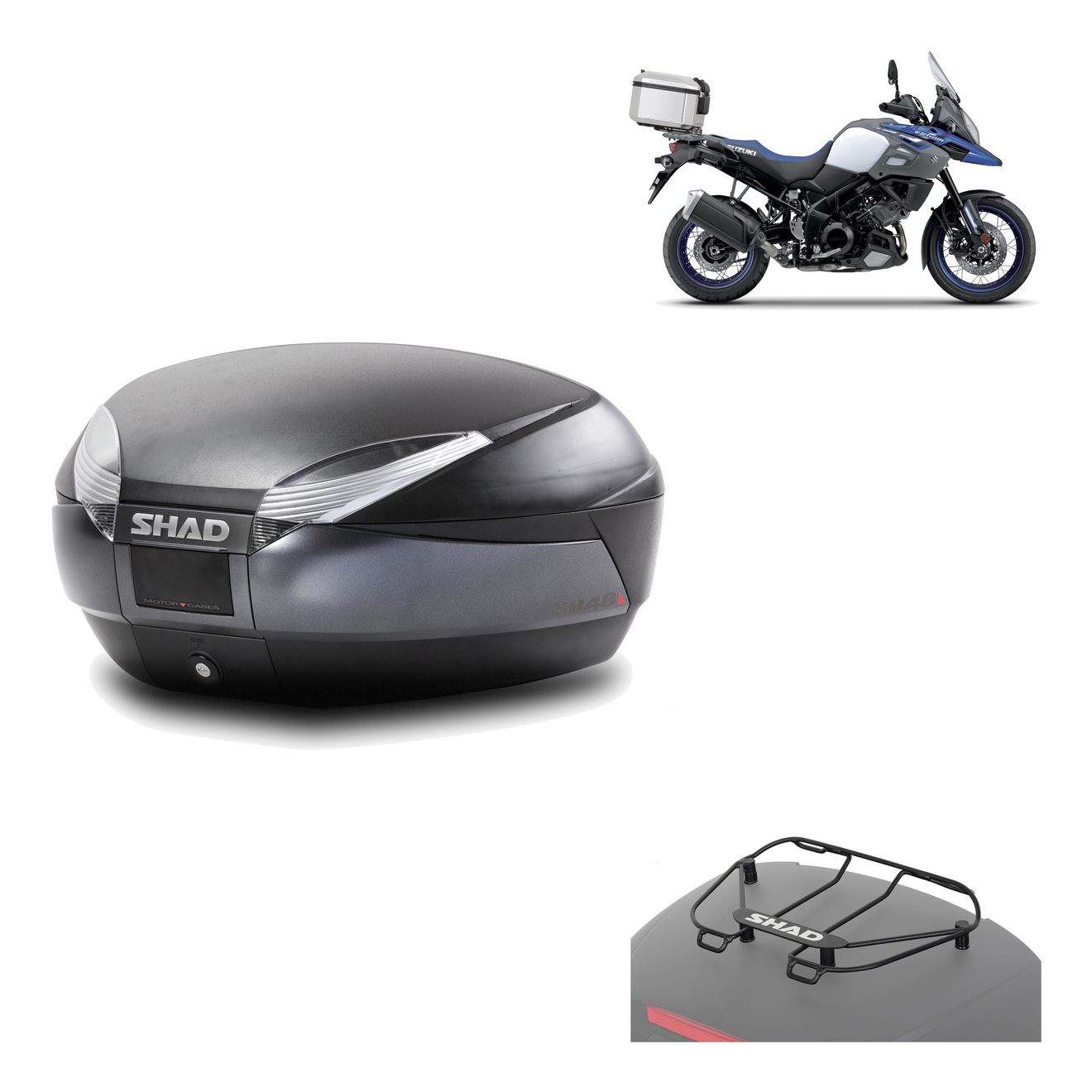 Baul Trasero + Herraje Montaje + Parrilla Portabultos Sh48 Dark Grey Premium KIT-189782