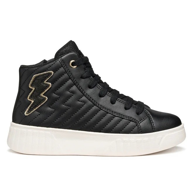 Zapatillas niña Geox tipo bota modelo Mikiroshi color negro con rayo en el lateral y suela blanca sneakers Geox casual sport con cierre de cremallera lateral y cordones muy comodas y con la tecnologia de Geox respira
