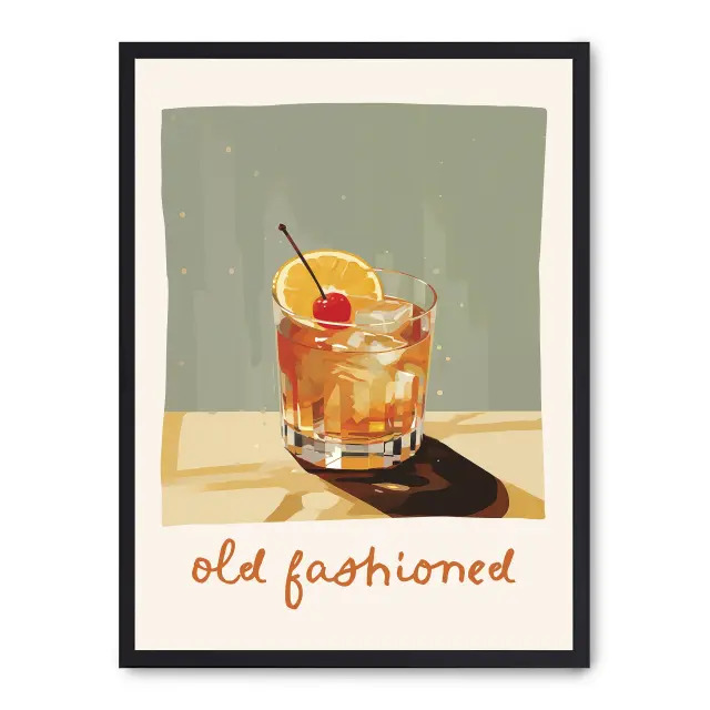 Lámina con marco negro OLD FASHIONED 21x30 cm, Póster impreso en papel de primera calidad de 180gr, montado sobre marco de madera MDF acabado en negro., Cocina - Bebidas