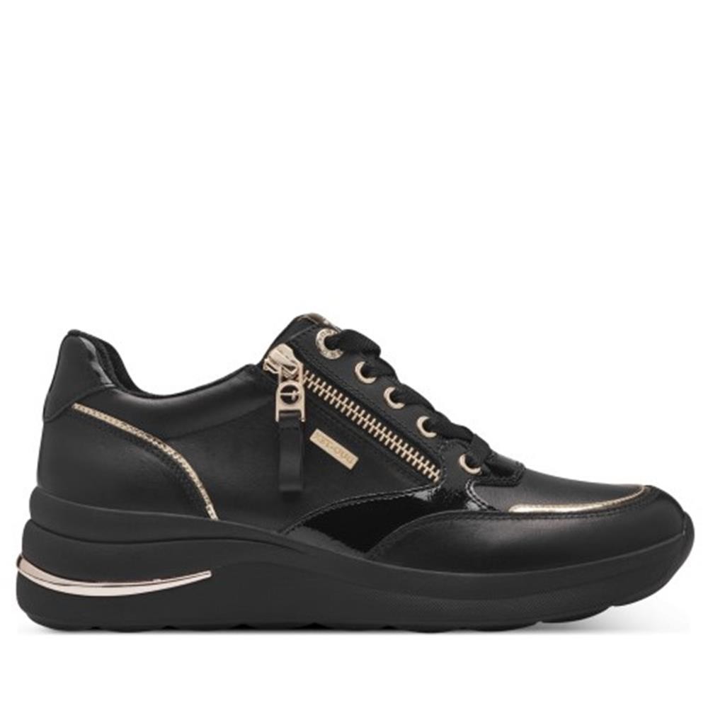 Cómoda Deportiva mujer 83715 de TAMARIS CONFORT en piel negra. Ajuste cremallera y cordones. Membrana impermeable y transpirable DUO-TEX. Cómodo piso TFlow flexible. Altura Tacón bajo (1-3 cm) Referencia