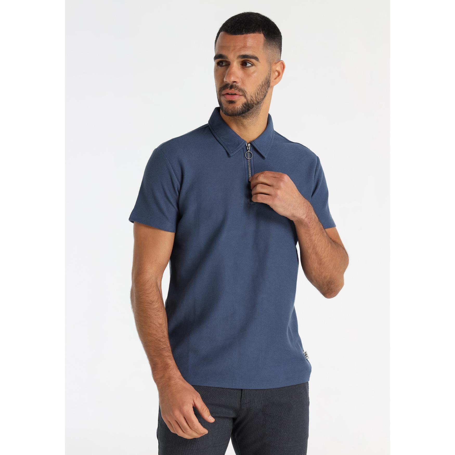 Victorio & Lucchino - Polo de Piqué con Cuello de Cremallera en Algodón Azul