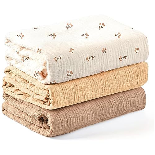 TK Conjunto 3 piezas para bebés: Muselina de algodón 100% suave como la nube, toalla envolvente para recién nacidos + manta de 6 capas, cuidado delicado para niños y niñas